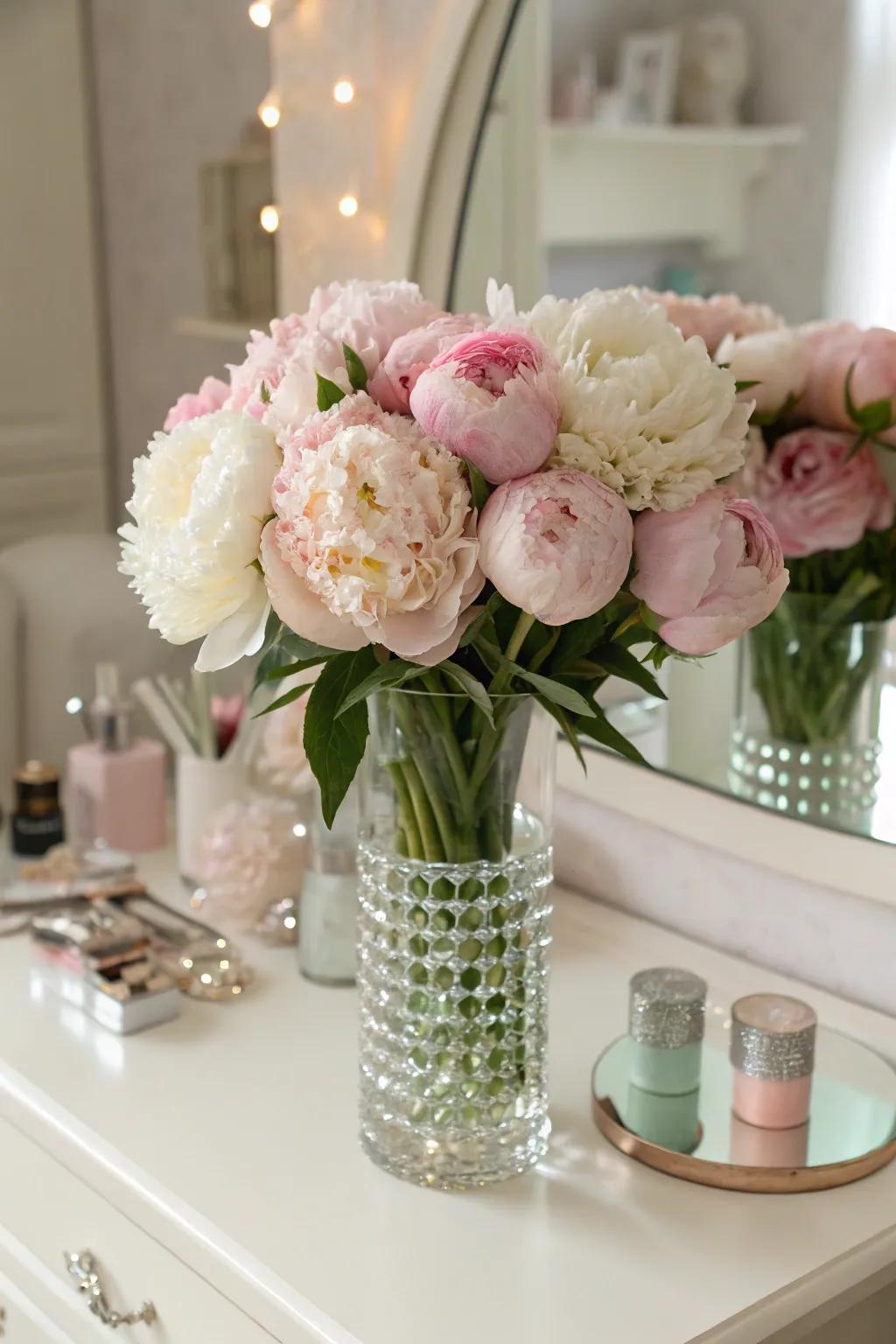 Romantic blush bloom bouquet adding elegance to a vanity.