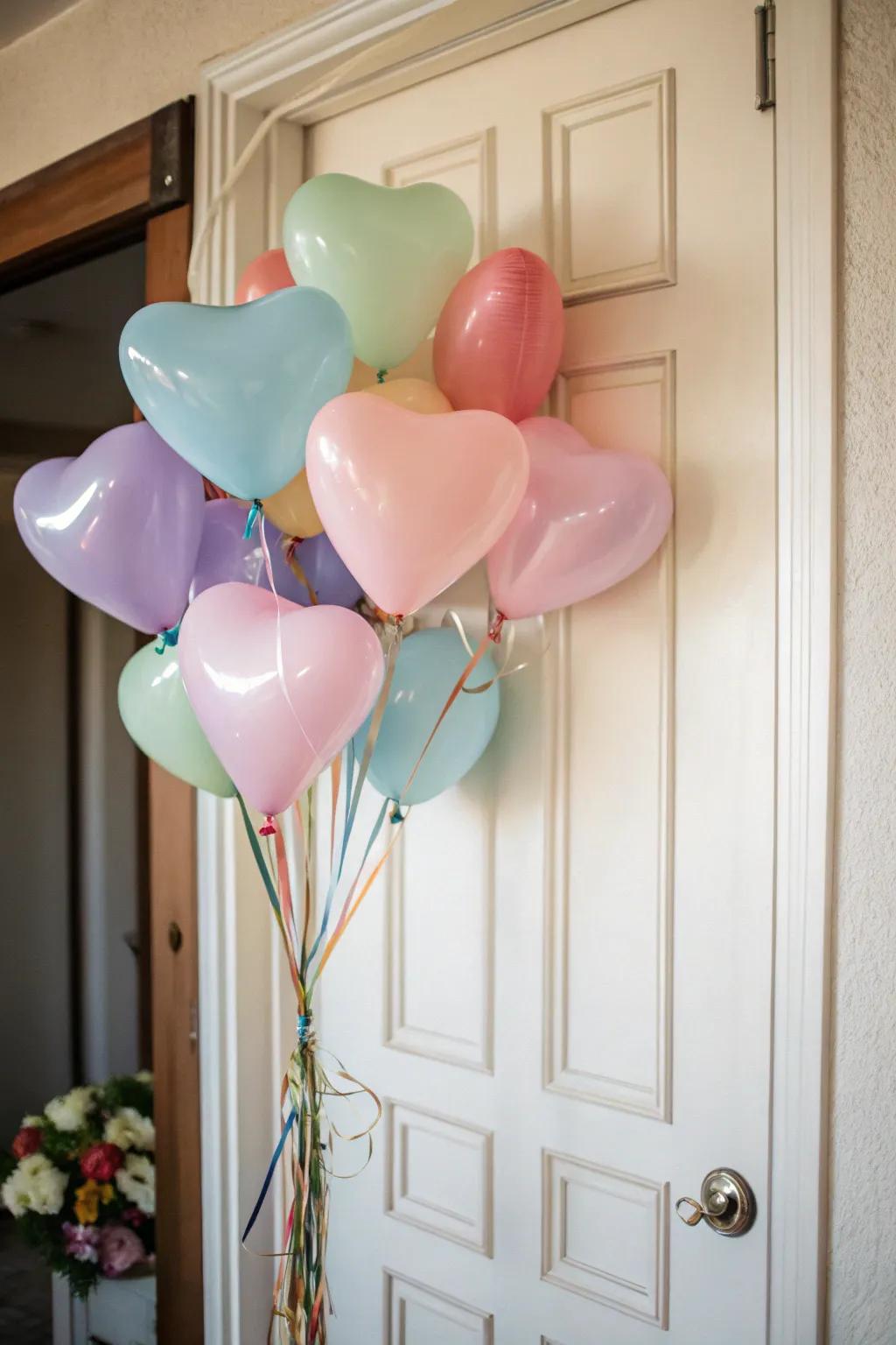 Heart-shaped balloons fashion a festive and celebratory entrance.