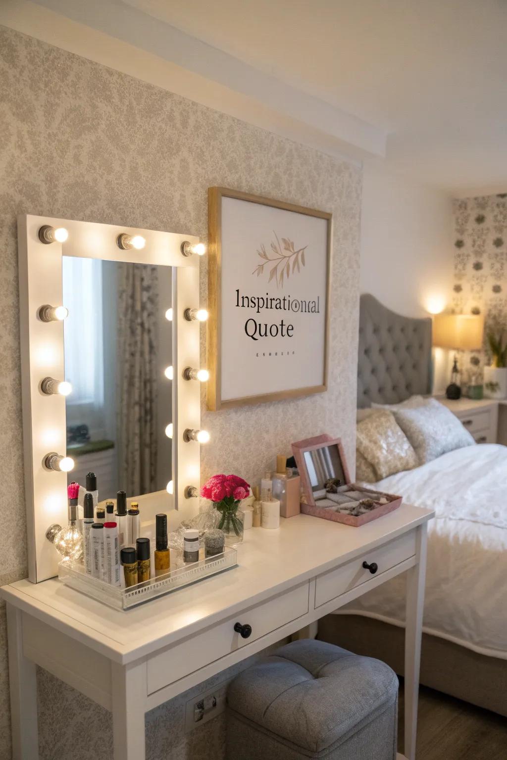 Uplifting wall art adds personal style to your vanity.