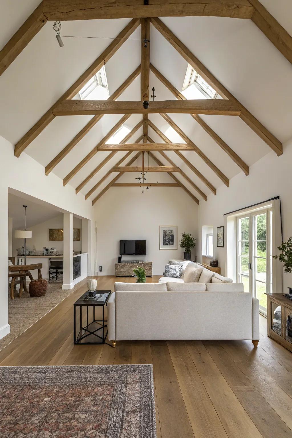 Contemporary minimalism achieved with narrow beams on a vaulted ceiling.
