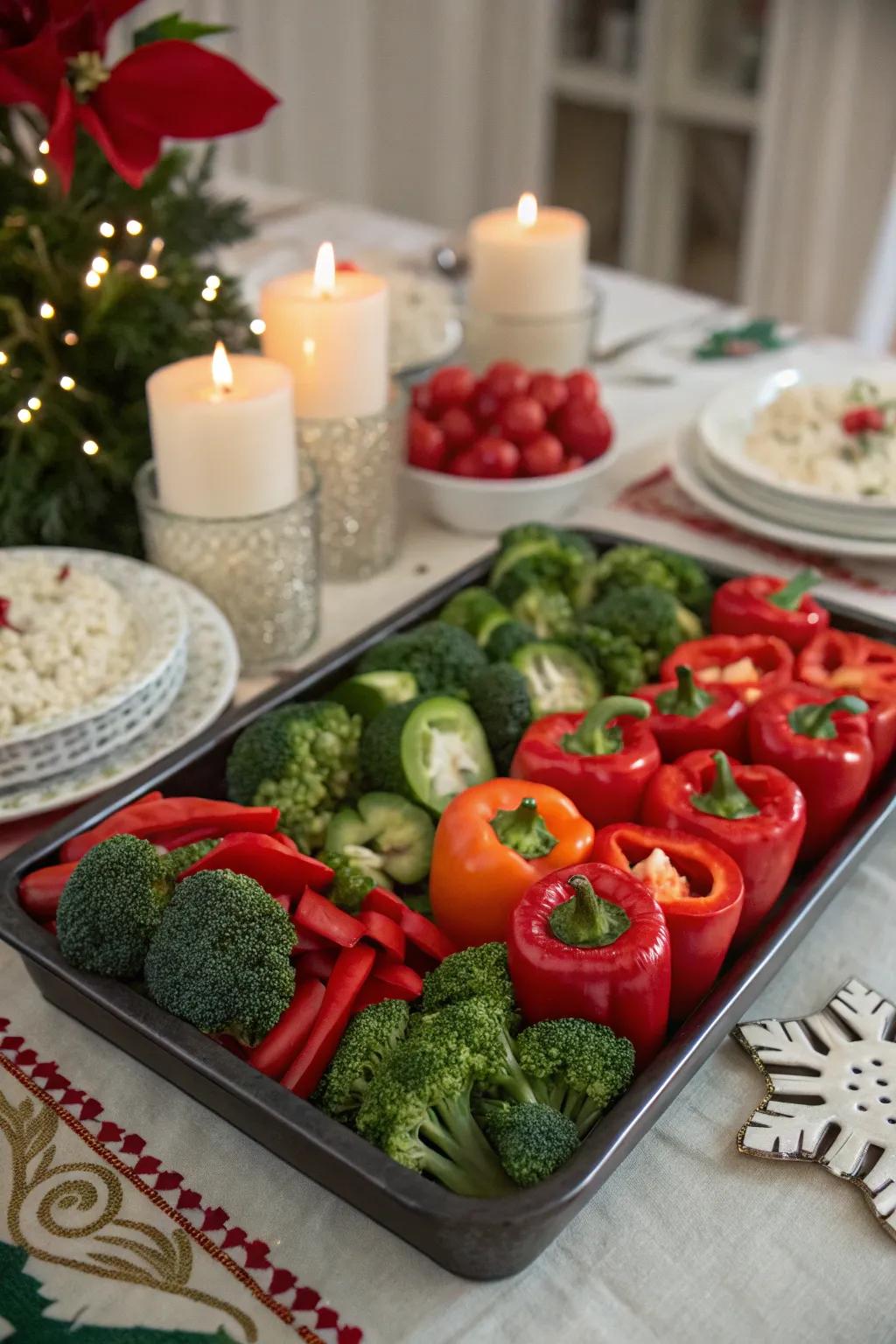 Holiday-themed veggie platter with festive colors.