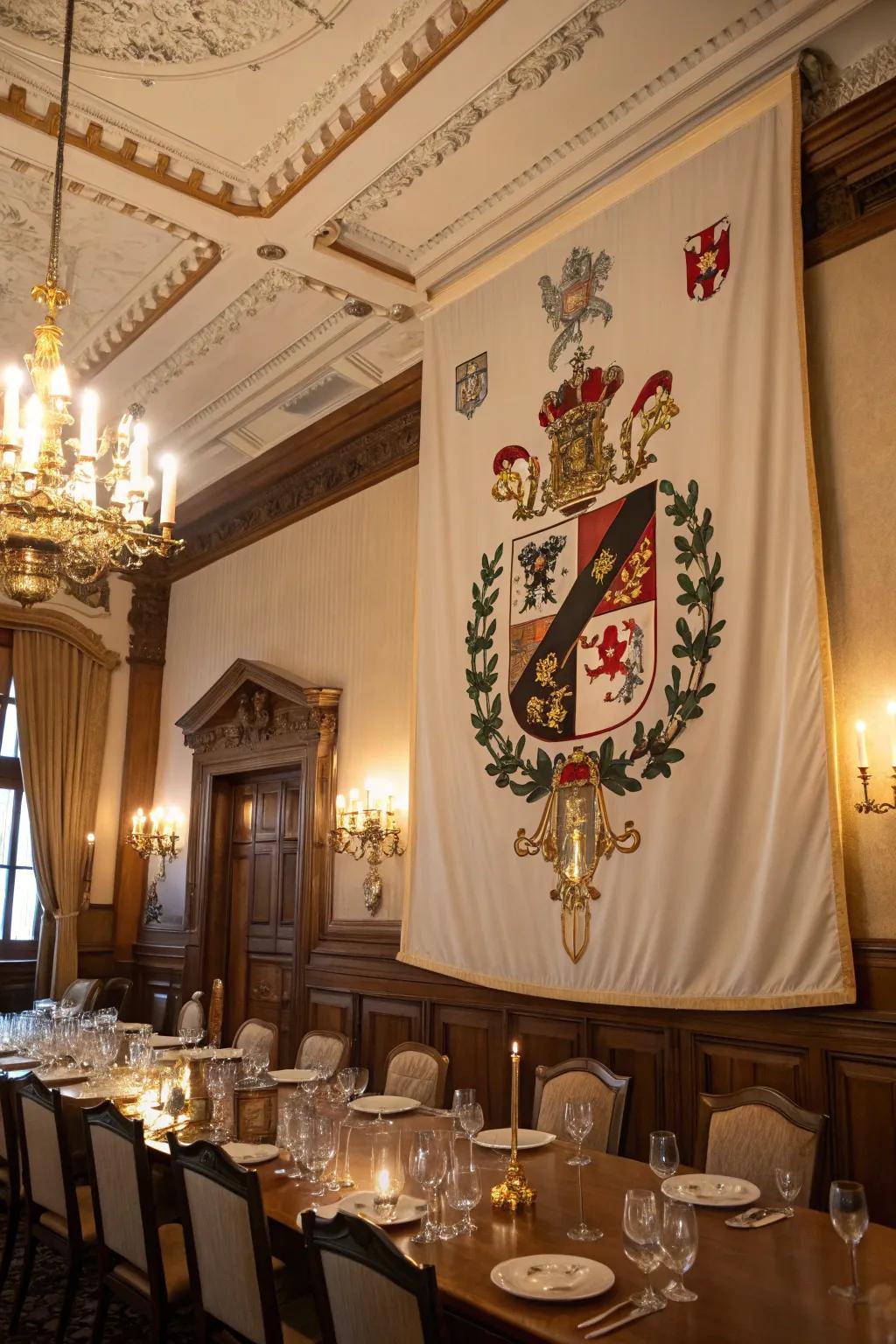 A custom family emblem adds a personal element to a dining room.