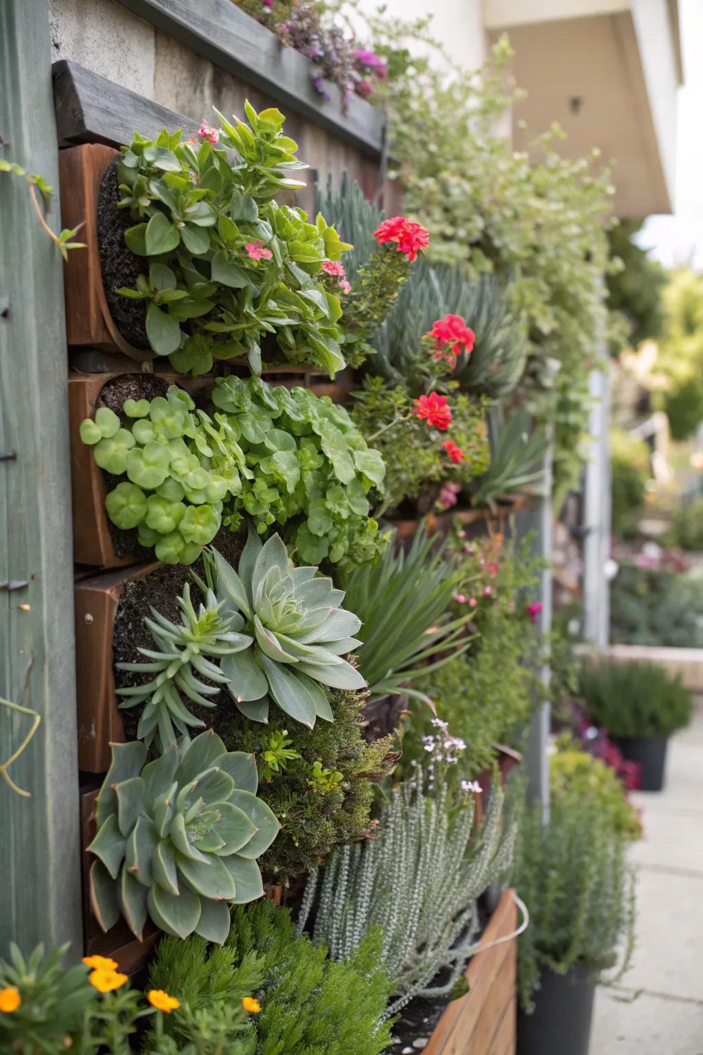 A vertical garden showcasing a diverse mix of succulents, herbs, and flowers.