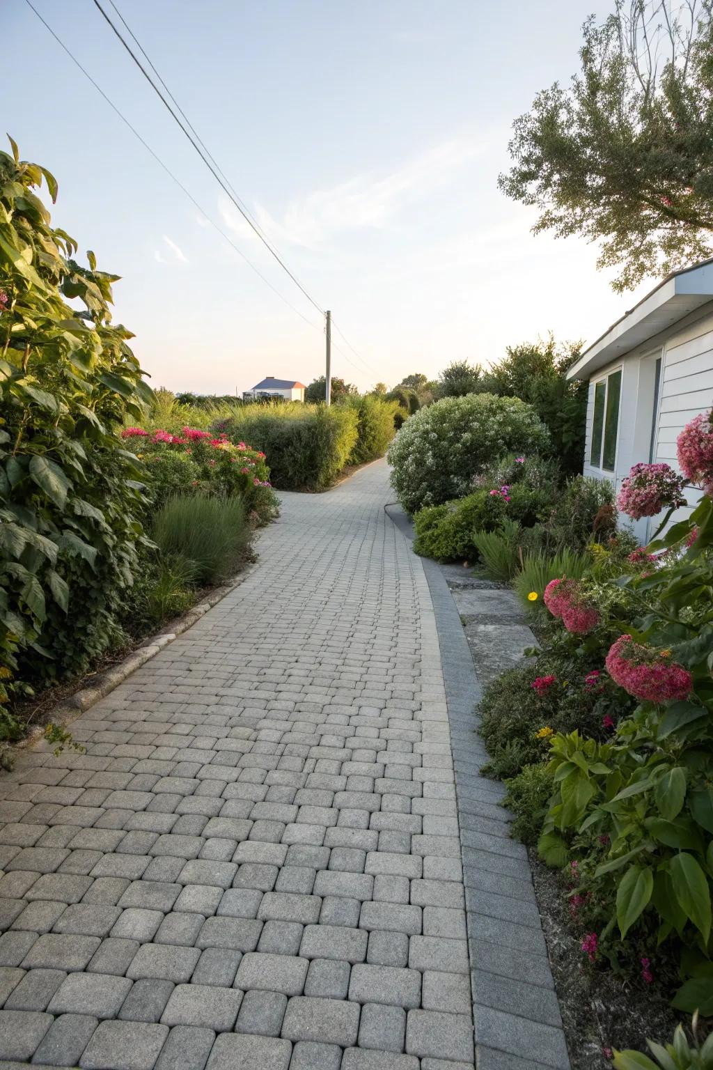 Color variation introduces dimension and emphasis to the driveway.