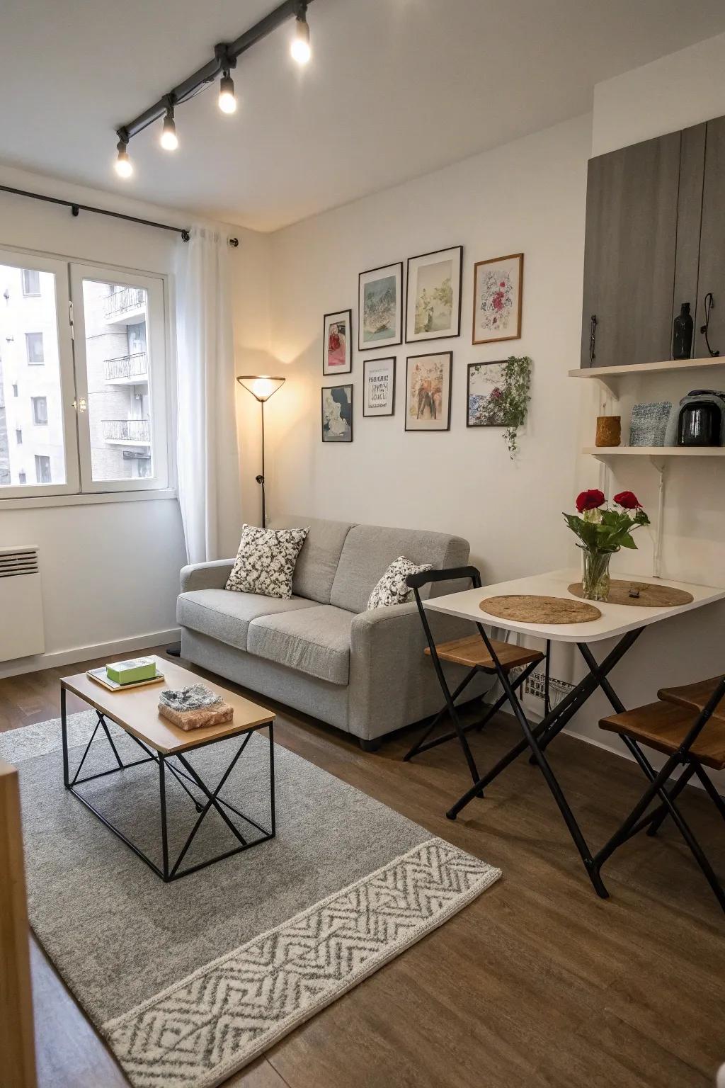 Small-scale furniture keeps your studio feeling cozy and spacious.