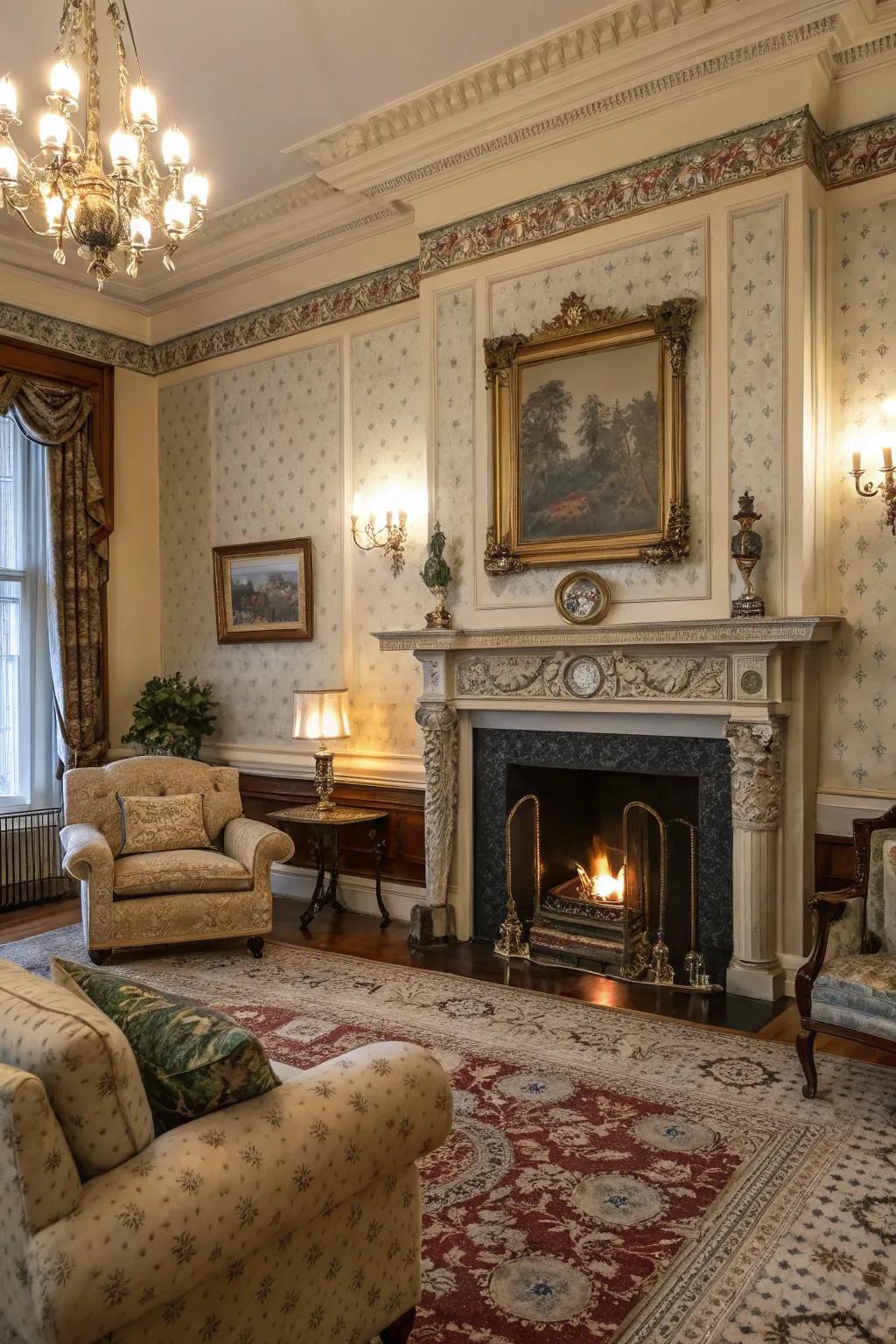 A grand fireplace with an ornamental mantel evolves into the core of this area.