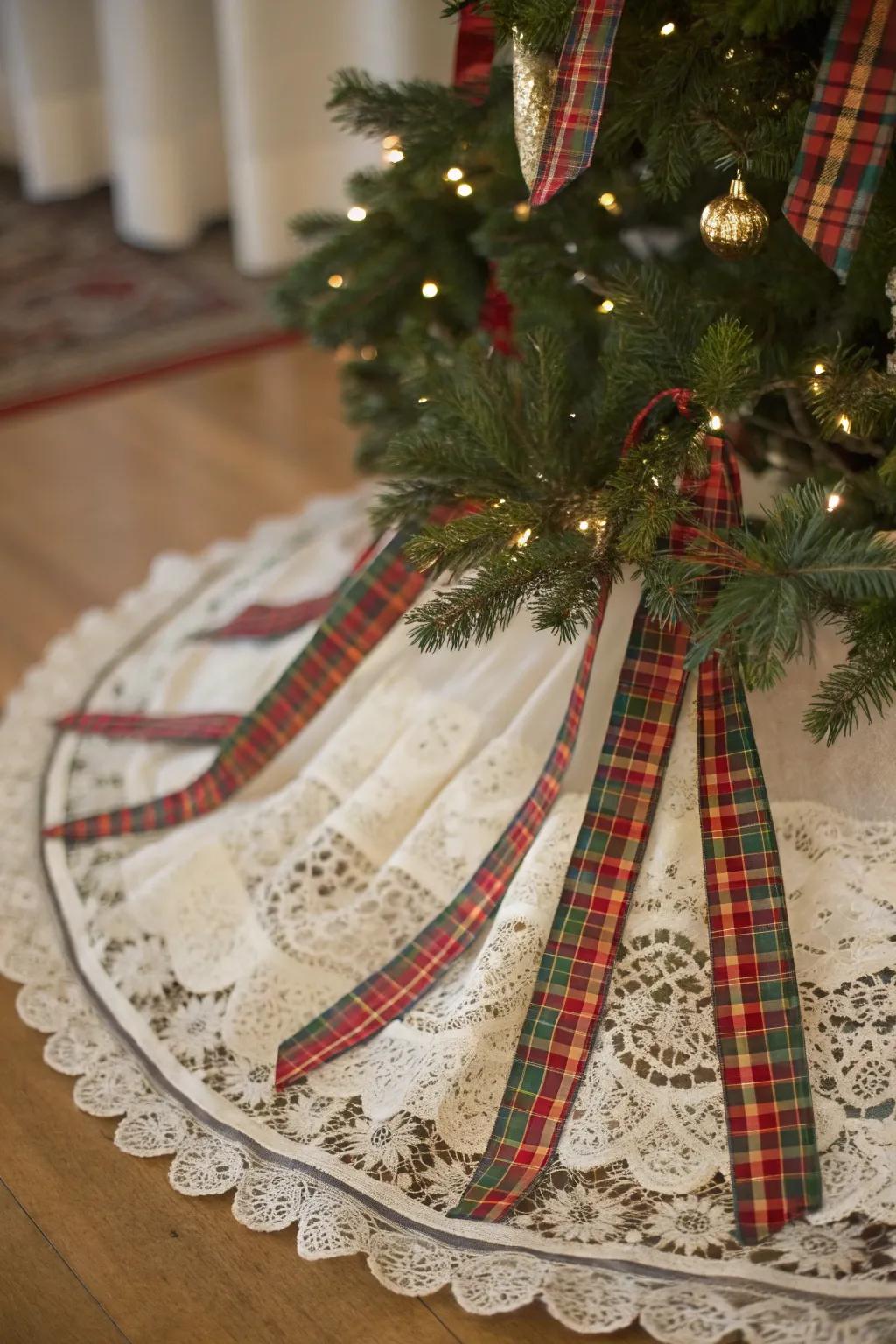 Vintage textiles add elegance to this holiday display.