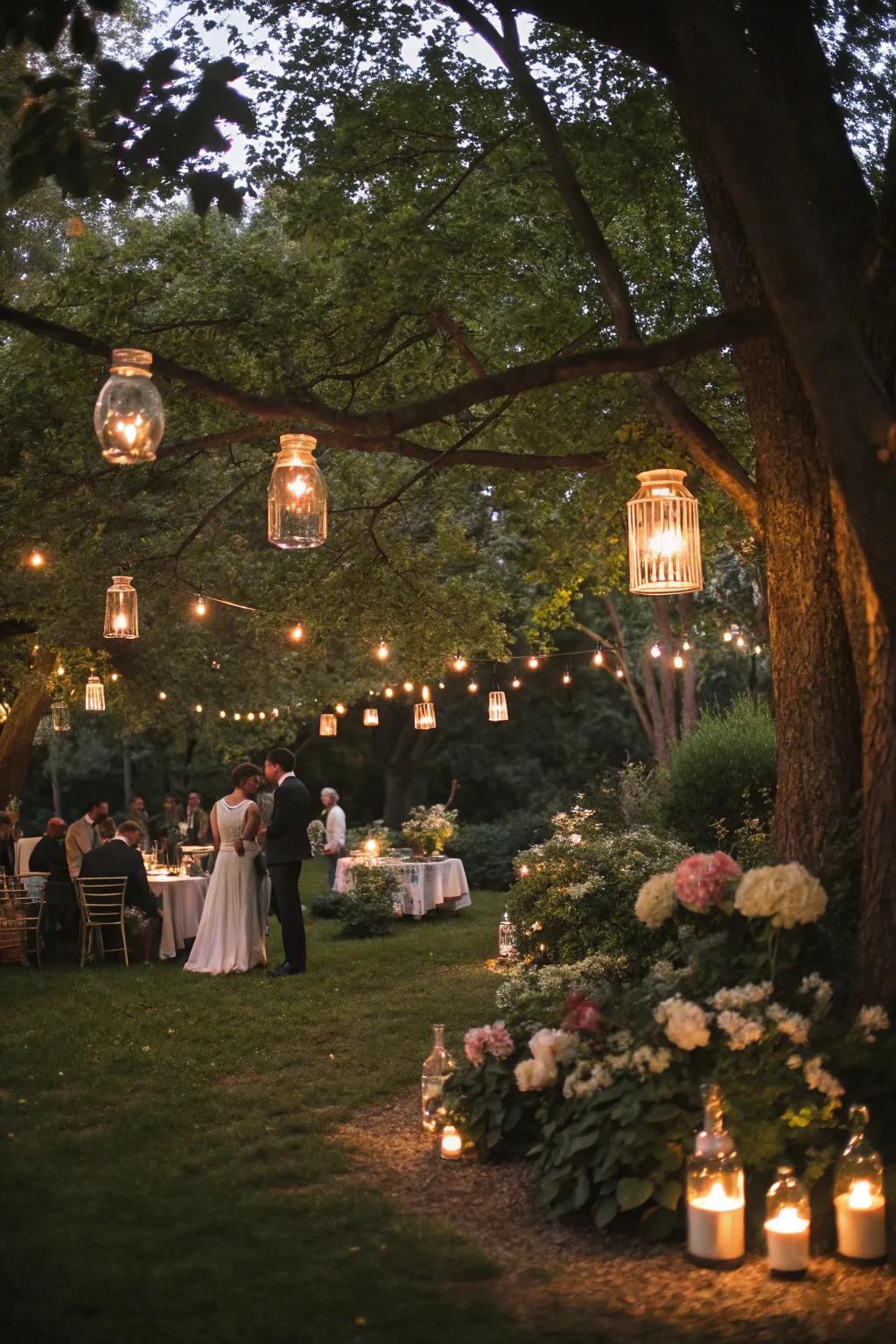 Jar lights create an enchanting glow at a retro party.