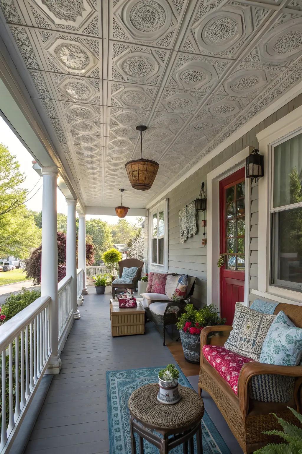 Combining vinyl textures enriches porch ceilings with depth and character.