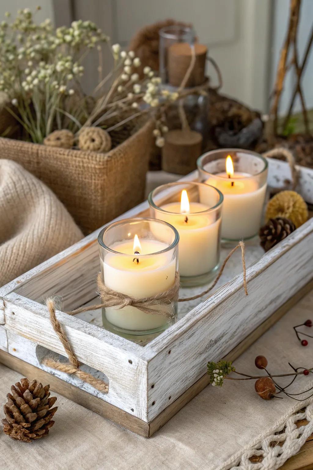 A wood surface brings country charm to votive light displays.