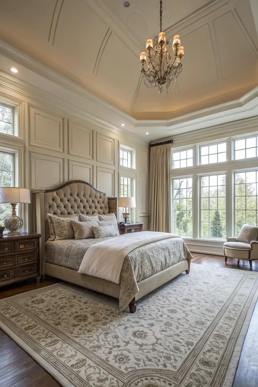 Ceiling-to-floor wainscoting produces a remarkable visual impact.