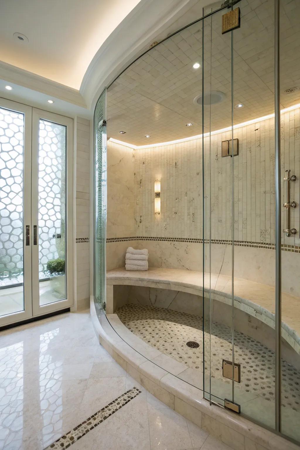 A curved seat introduces a graceful touch to the shower, enhancing its elegance.