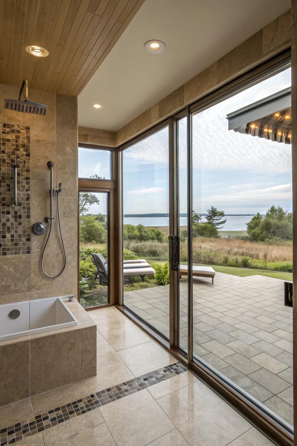 Floor-to-ceiling windows in a walk-in shower, providing a grand, immersive bathing experience.
