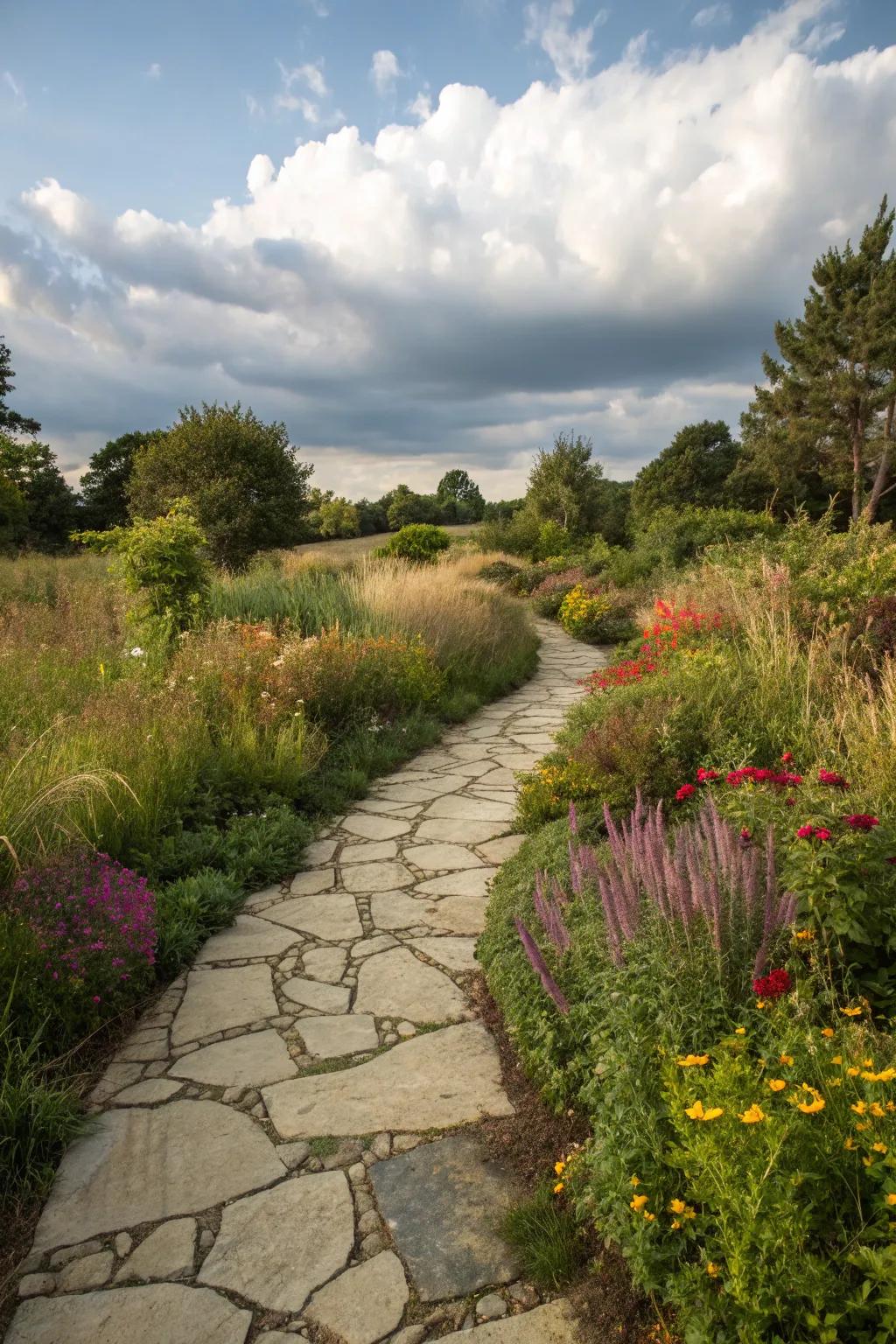 Stone tile paths blend seamlessly into natural surroundings.