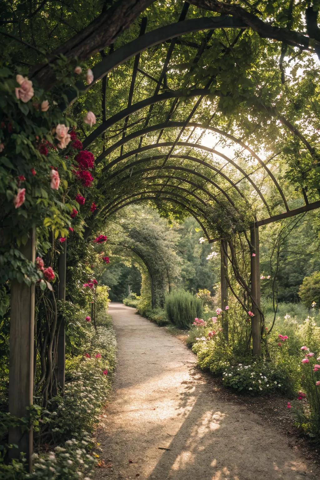 Branch trellis arches deliver an enchanting, storybook sense to garden walkways.