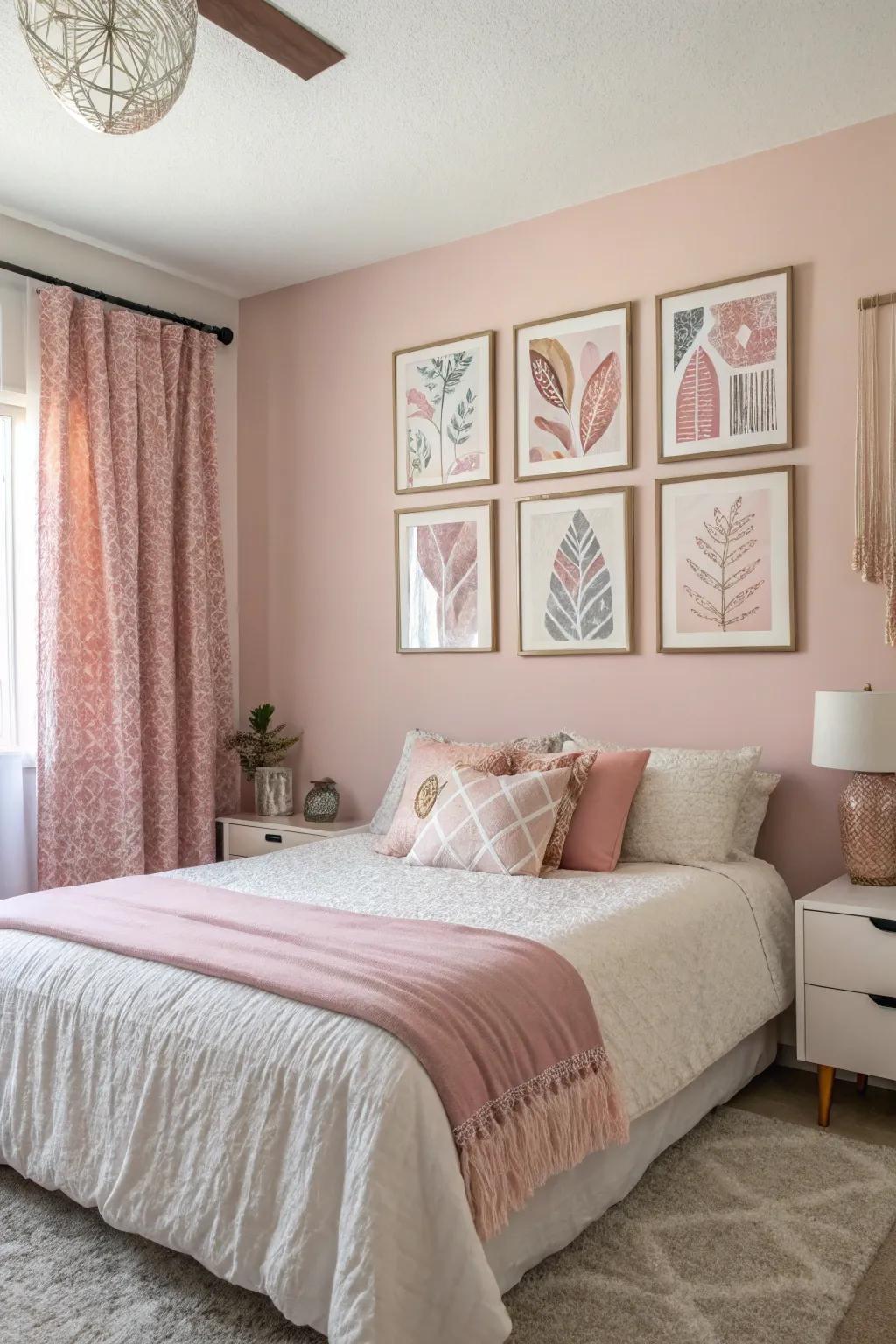 Art with matching colors makes your bedroom feel more together.
