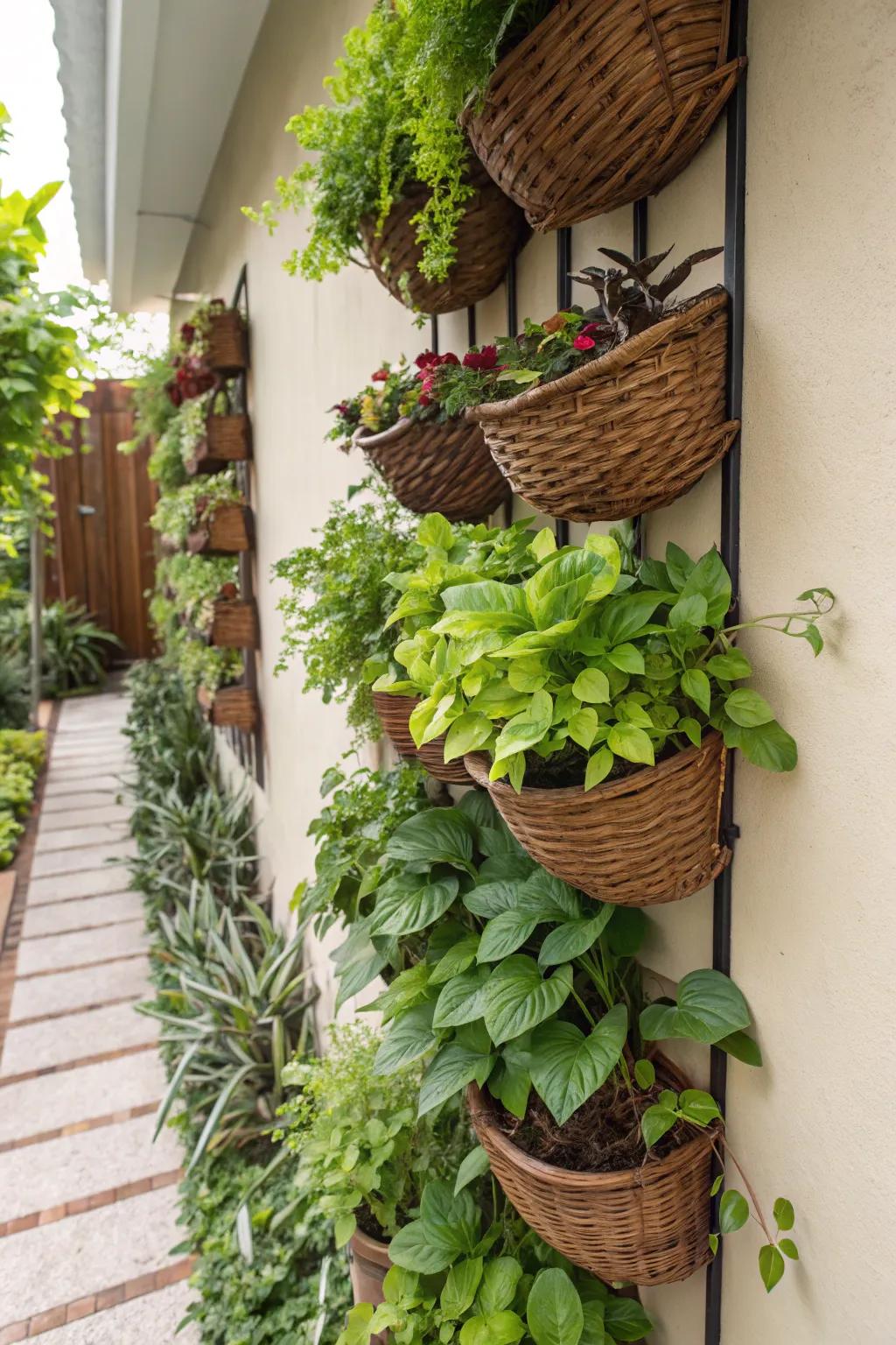 Baskets as planters bring greenery and life to your decor.