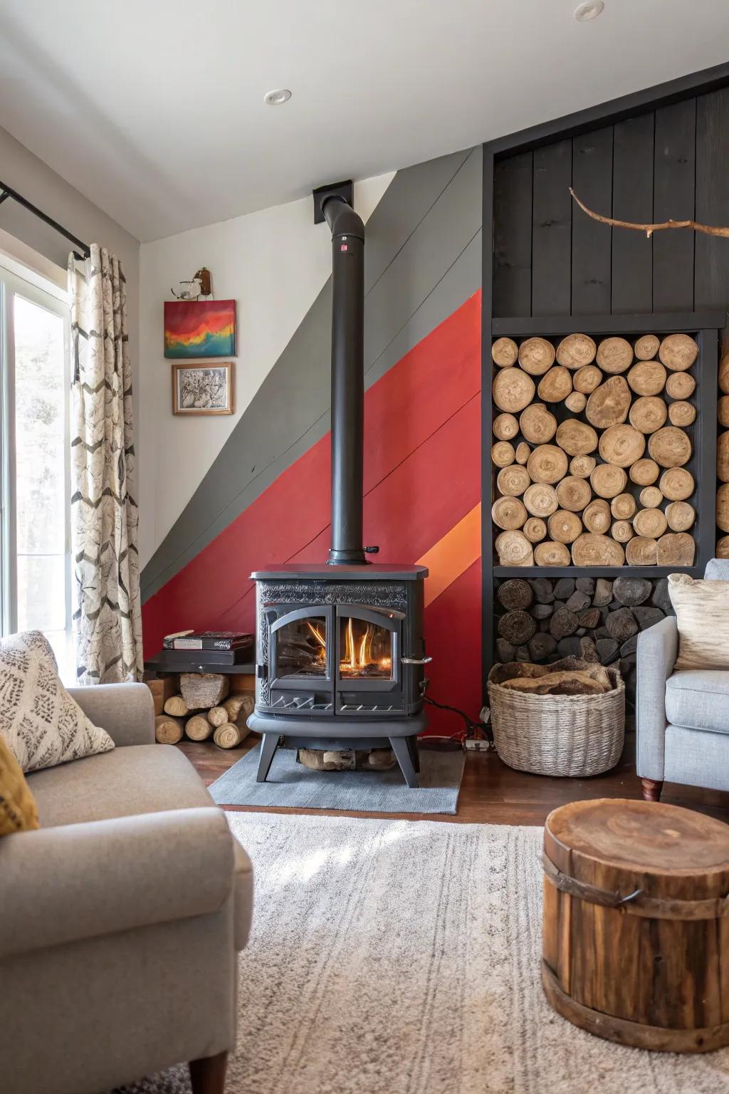 A bold feature wall ensures your wood-burning appliance becomes the centerpiece.