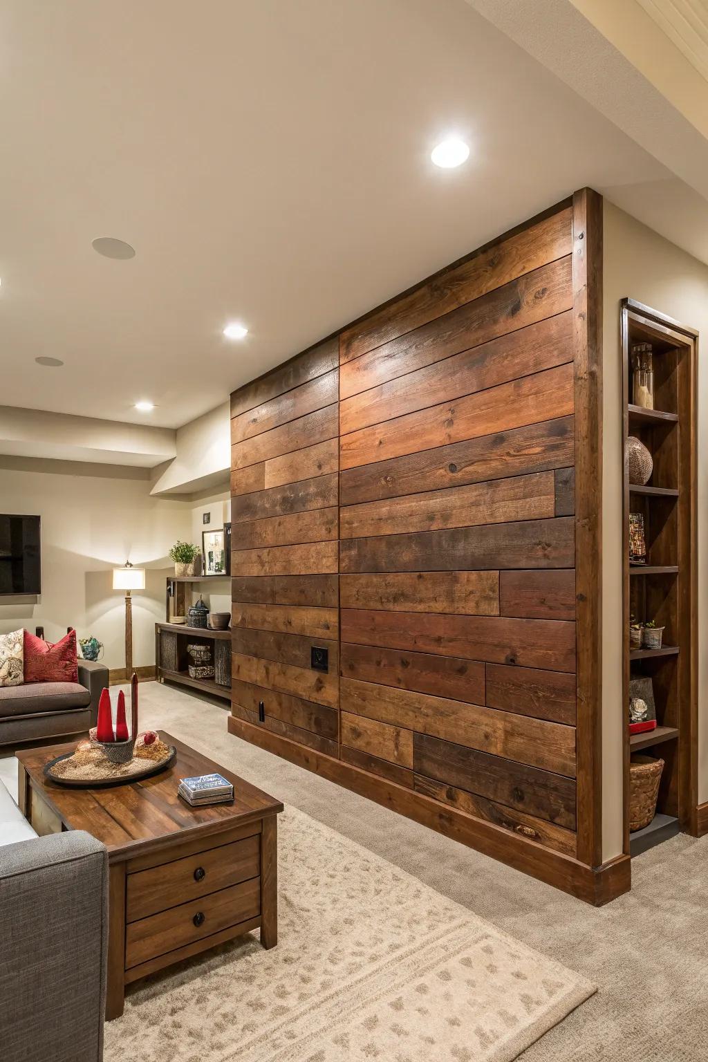 Craft a stunning statement using a bold wood accent wall.