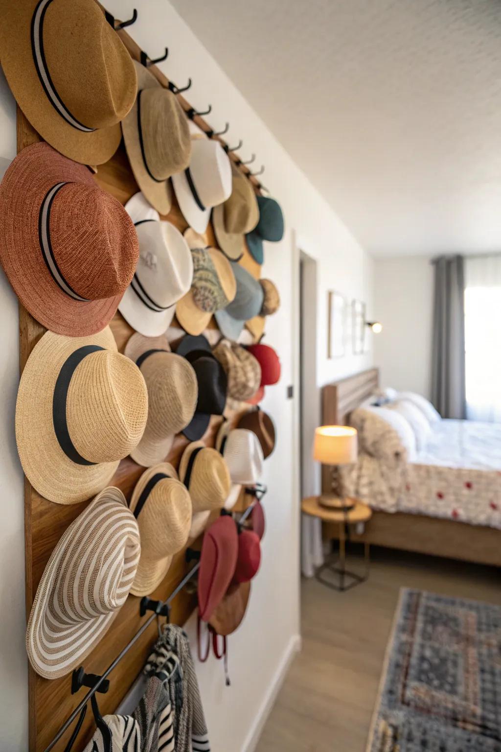 A wall-mounted rack showcasing a large hat collection