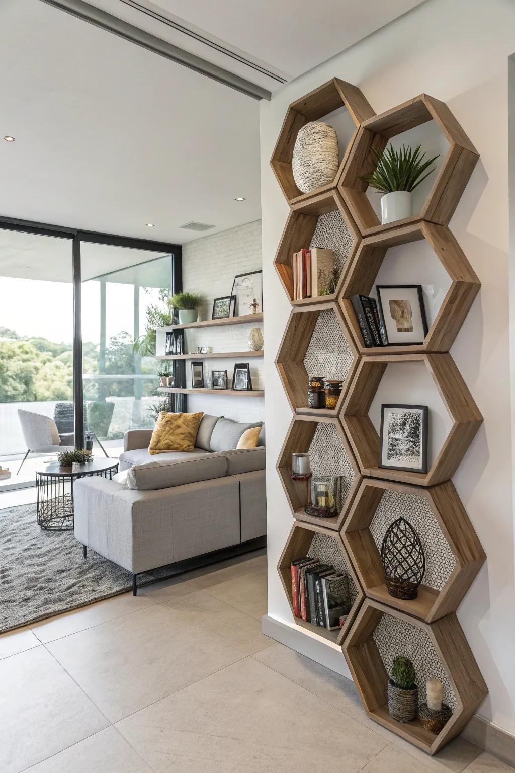 Intrigue with geometric shaped shelves.