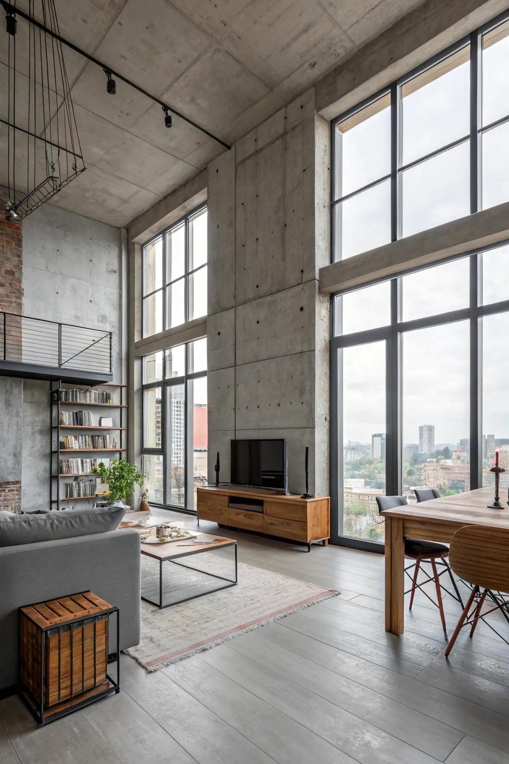 Concrete finishes lend an industrial edge to loft spaces.
