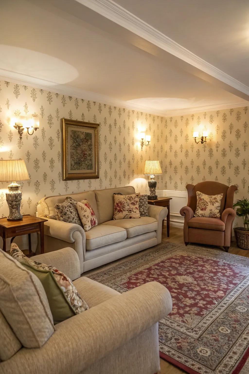 Maximize warmth with appealing furniture that enhances your wallpaper.
