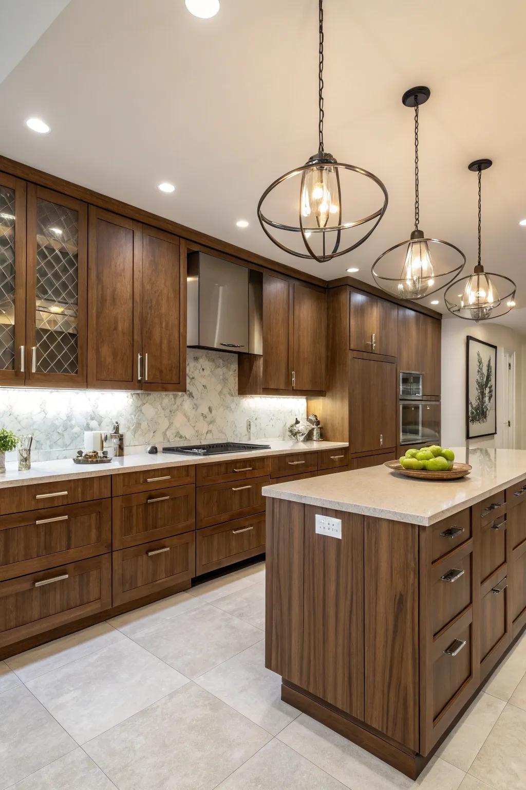 Modern fixtures showcase the elegance of pecan finish cabinets.