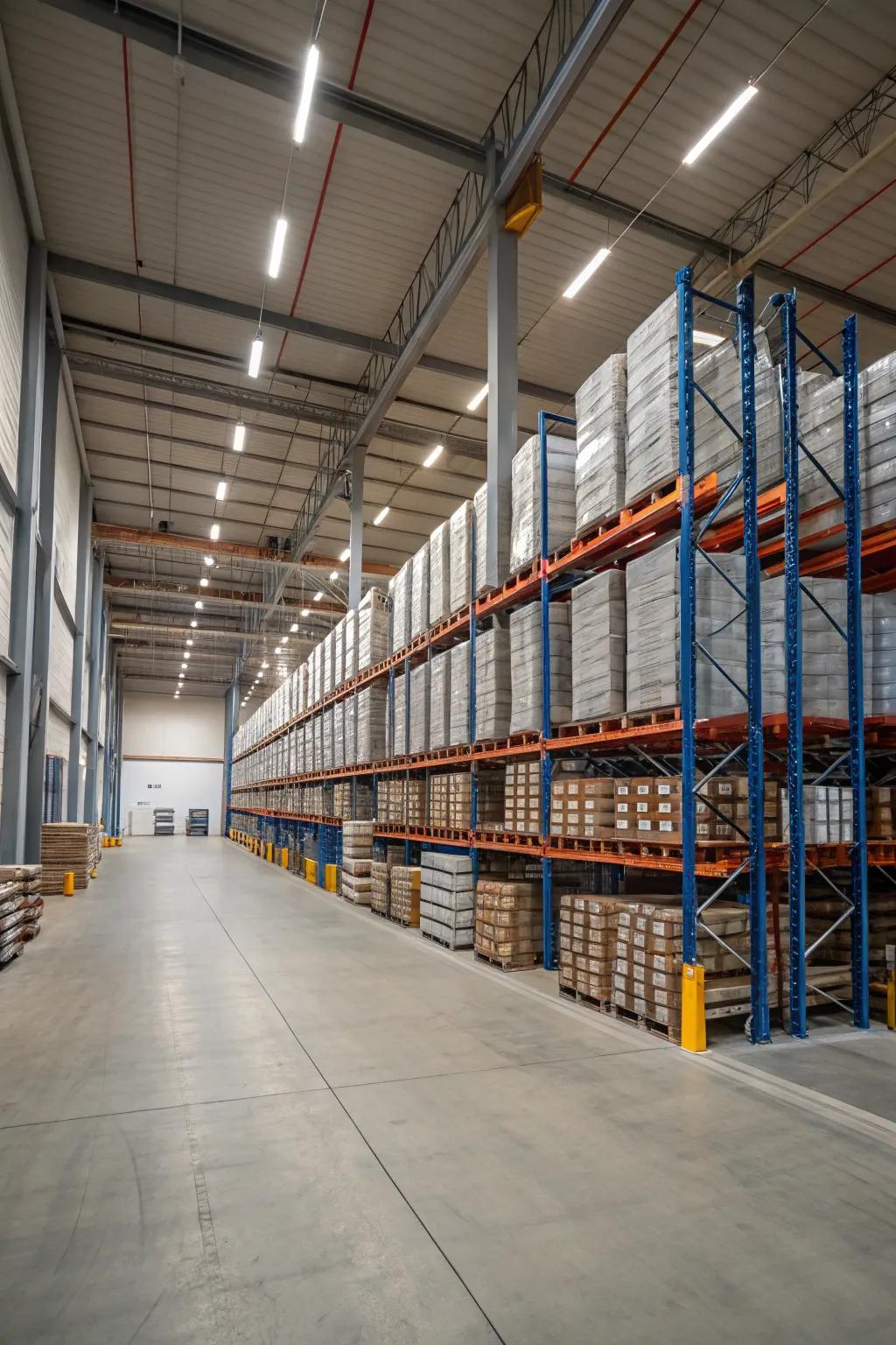 Pallet racking systems optimize area and accessibility.