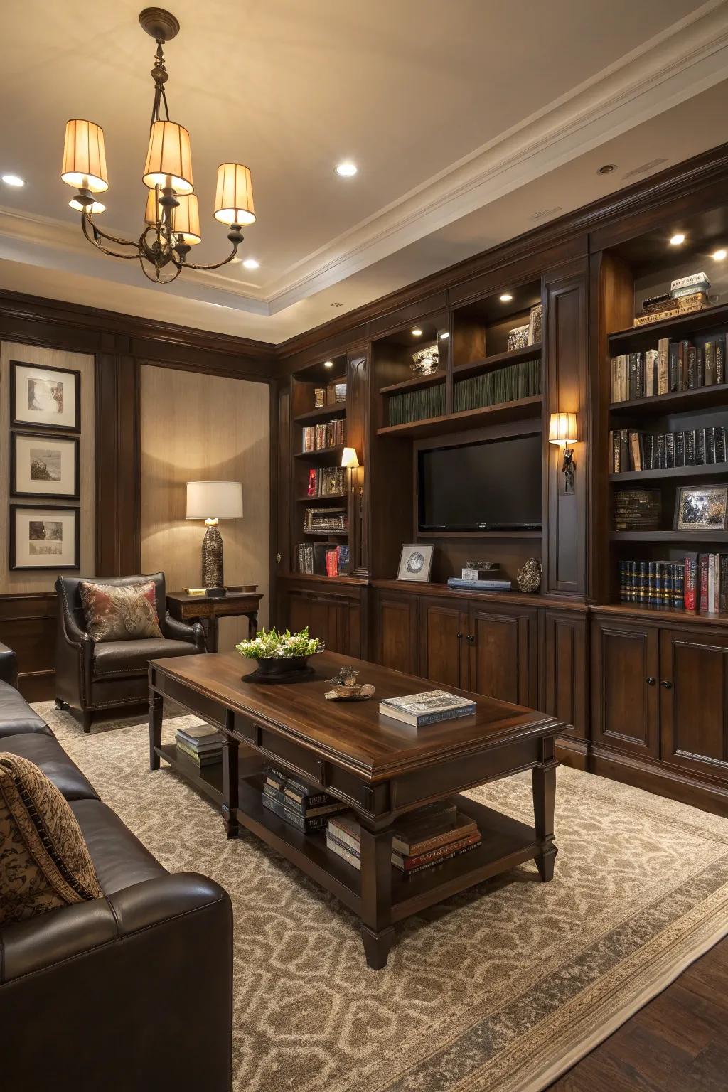 Darkened timber accents bring an air of timeless elegance to your lounge.