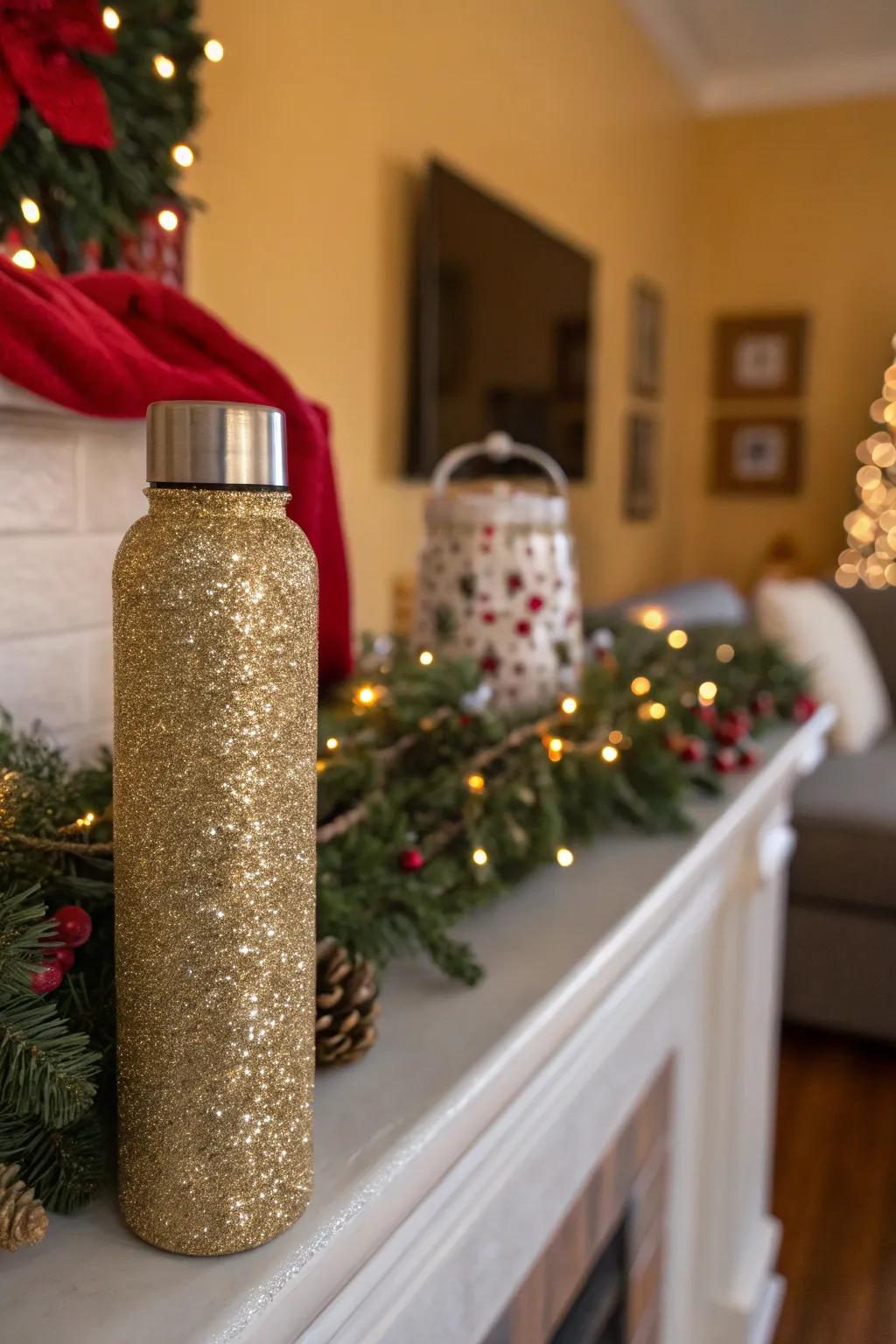 A sparkling hydration bottle cloaked in golden dust.