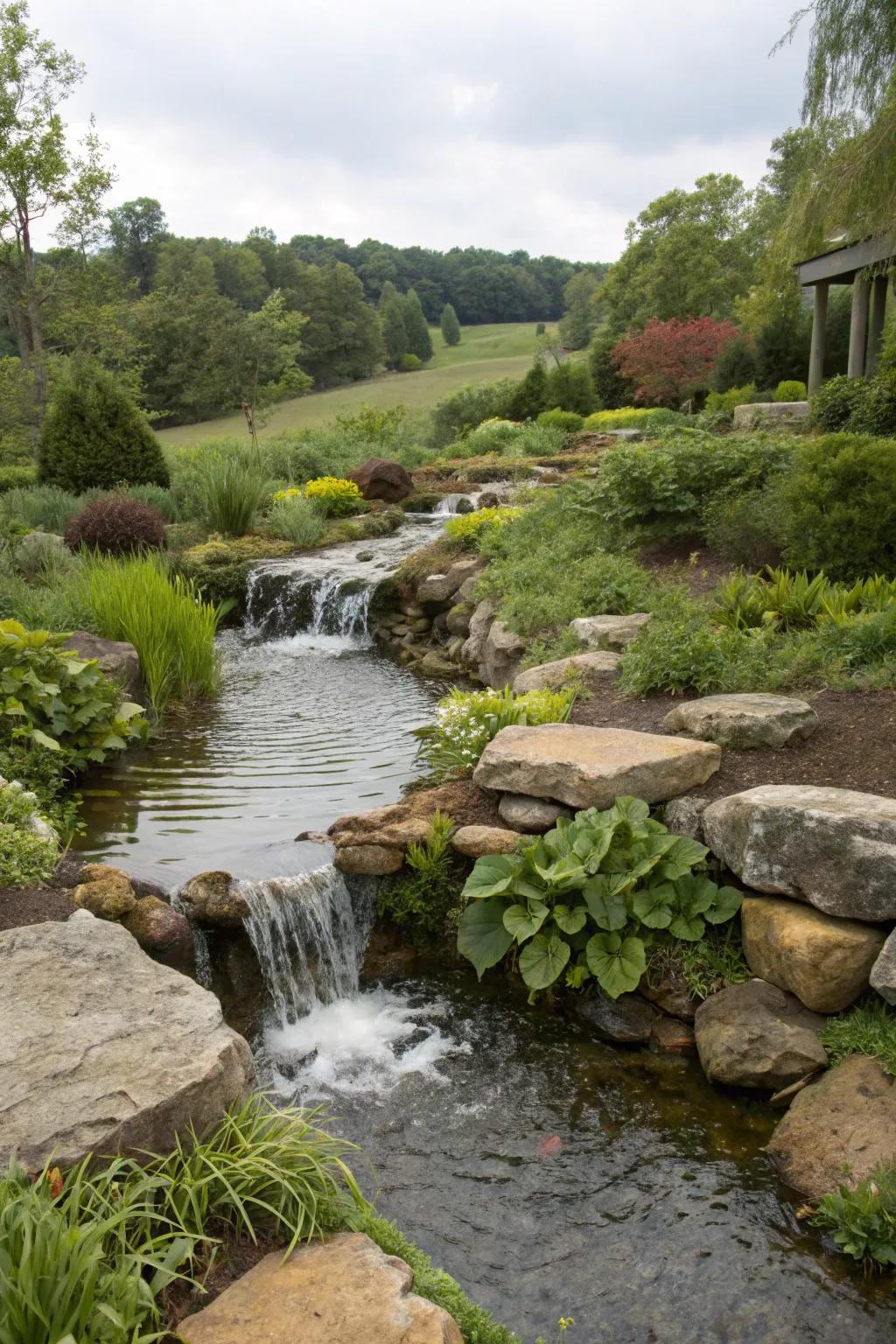 A brook water feature incorporates a natural motion to your outdoor space.