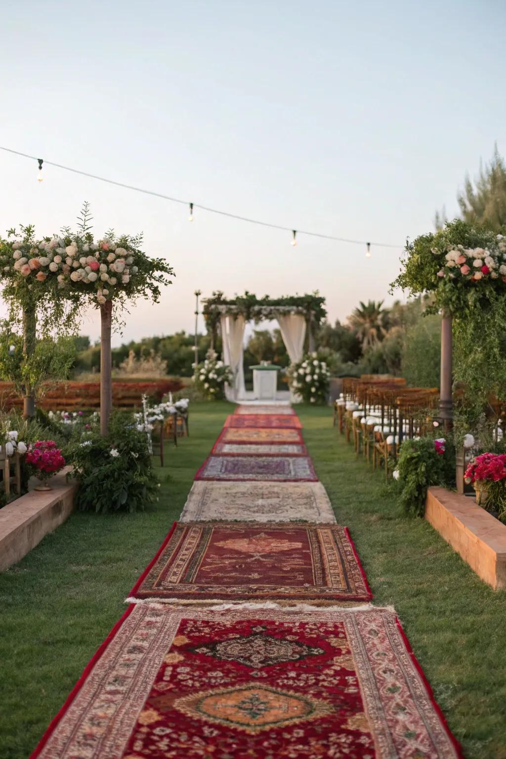 A vibrant, textured aisle created with layered Persian rugs.