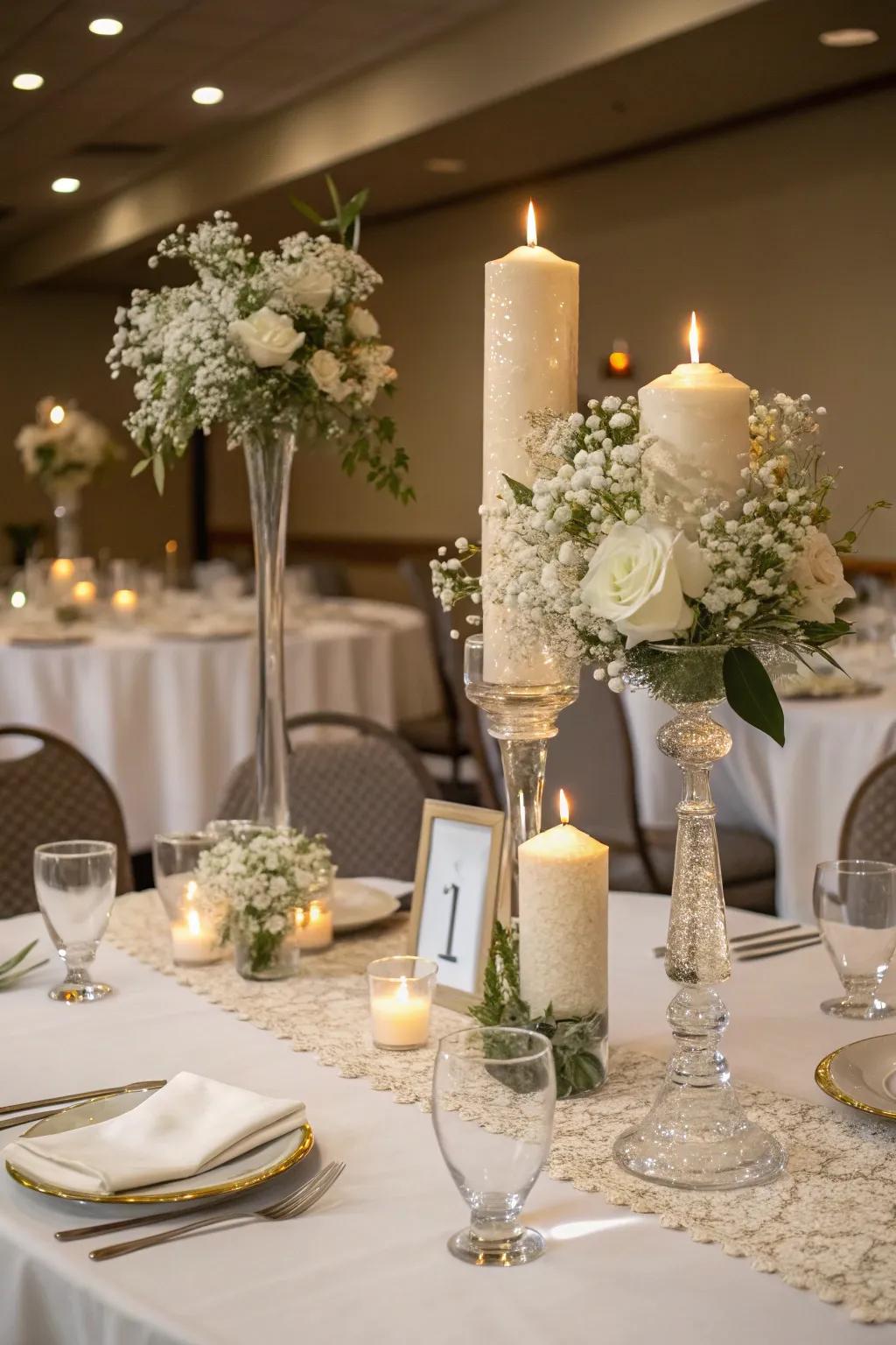 Centerpieces with diverse dimensions evoke visual interest and dynamism.