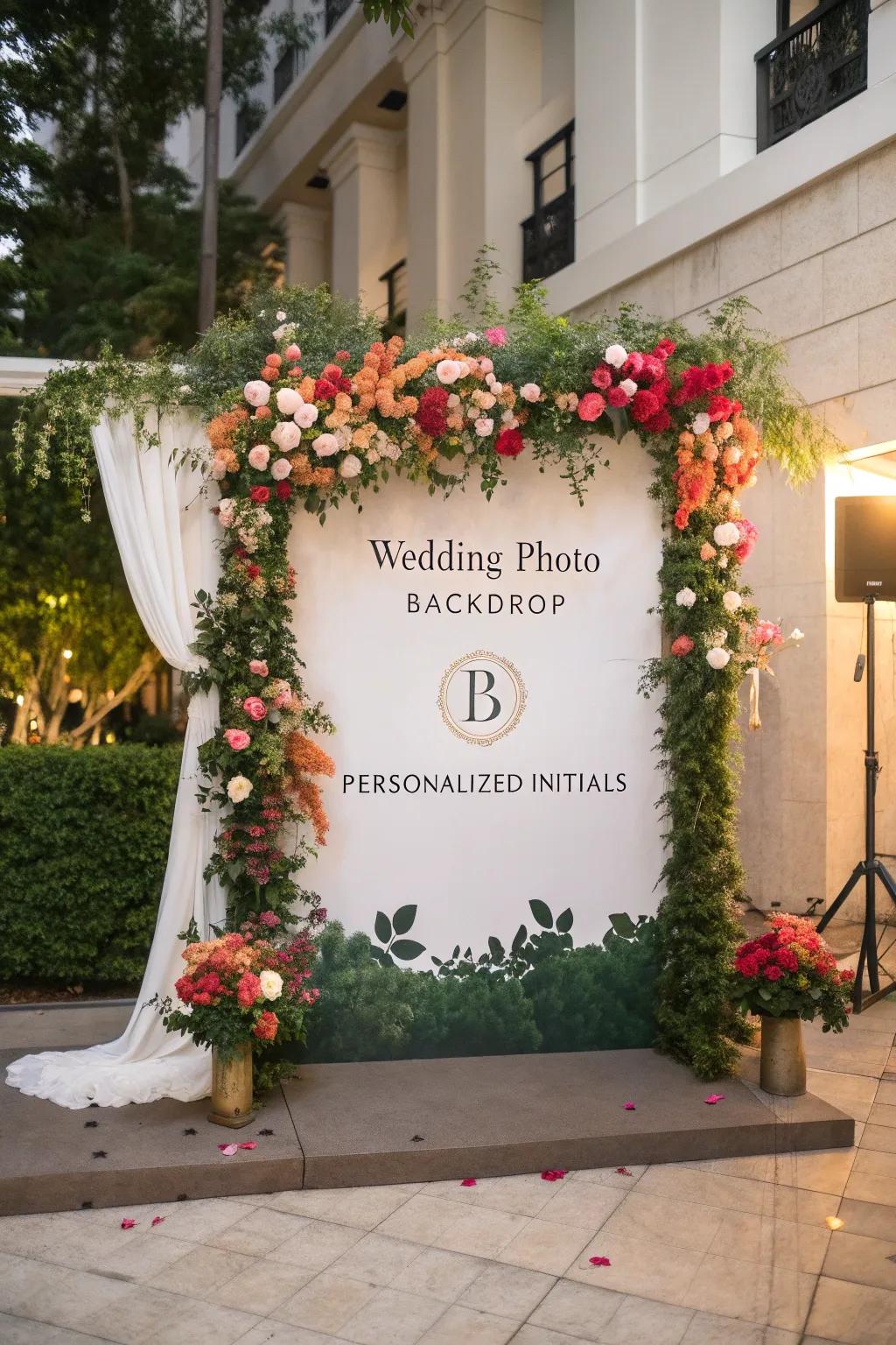 A stylish wedding photo backdrop decorated with flowers and customized initials.