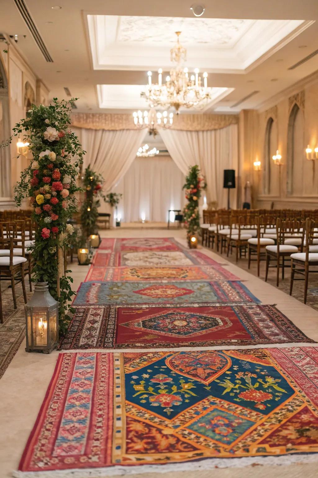 Timeless floor coverings introduce warmth and panache to a wedding ceremony.