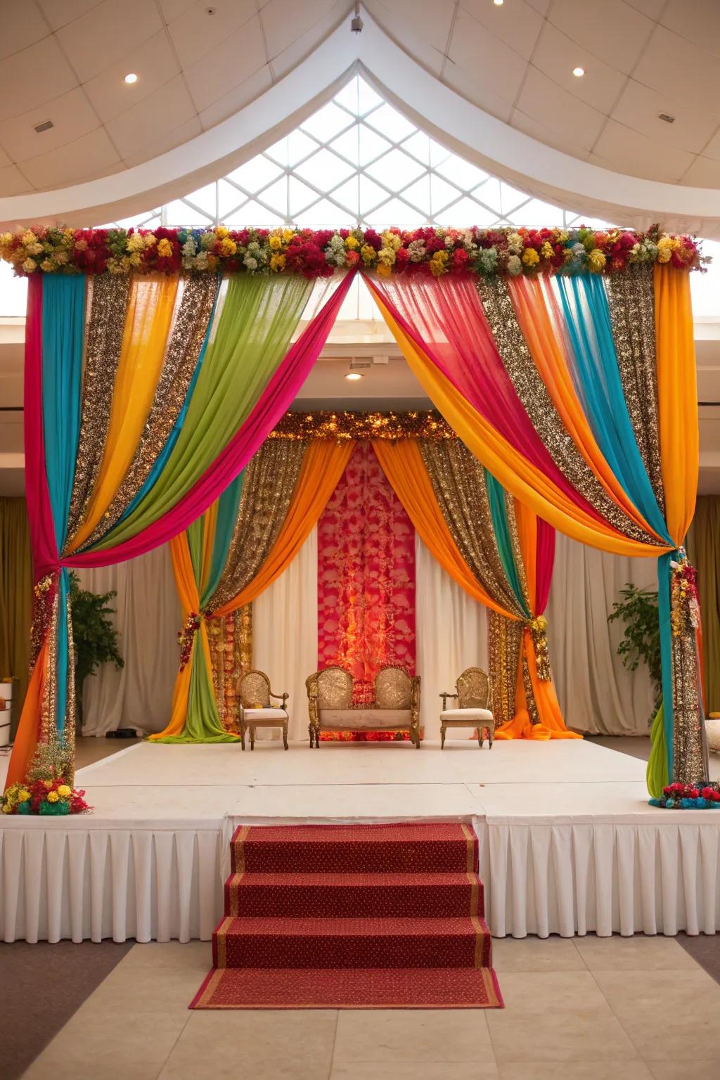Make your wedding theme standout through vivid fabric backdrops.