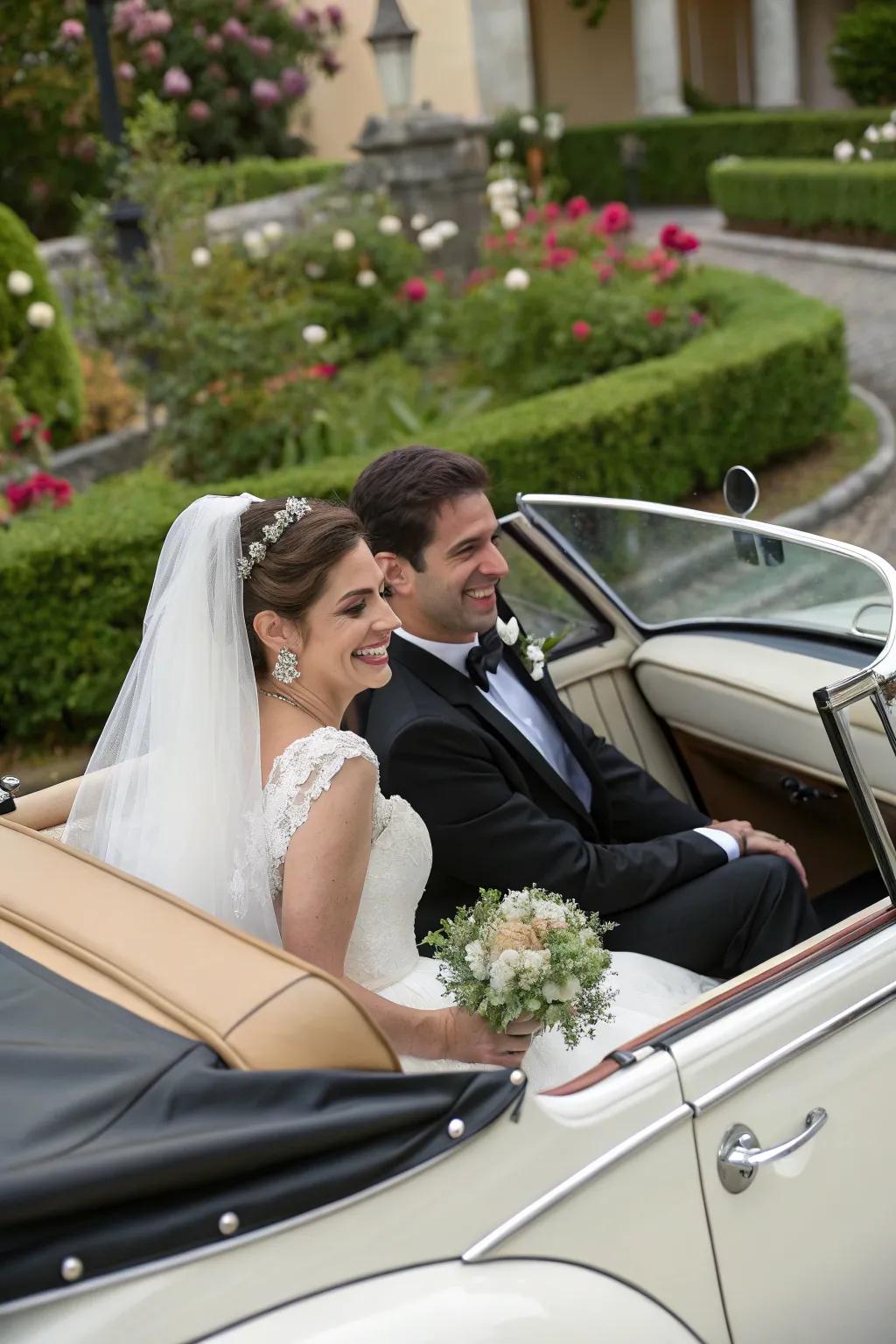 A duo arrives in a classic vintage automobile, injecting a timeless element to their entrance.