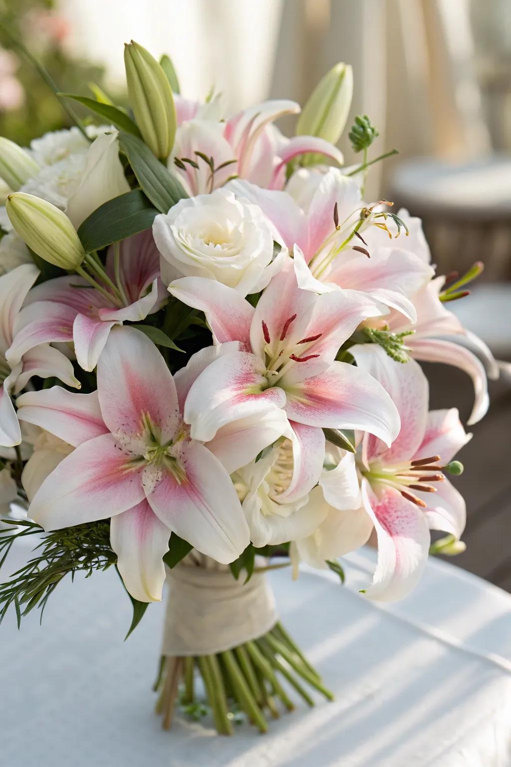 A contemporary lily arrangement with a touch of elegance.