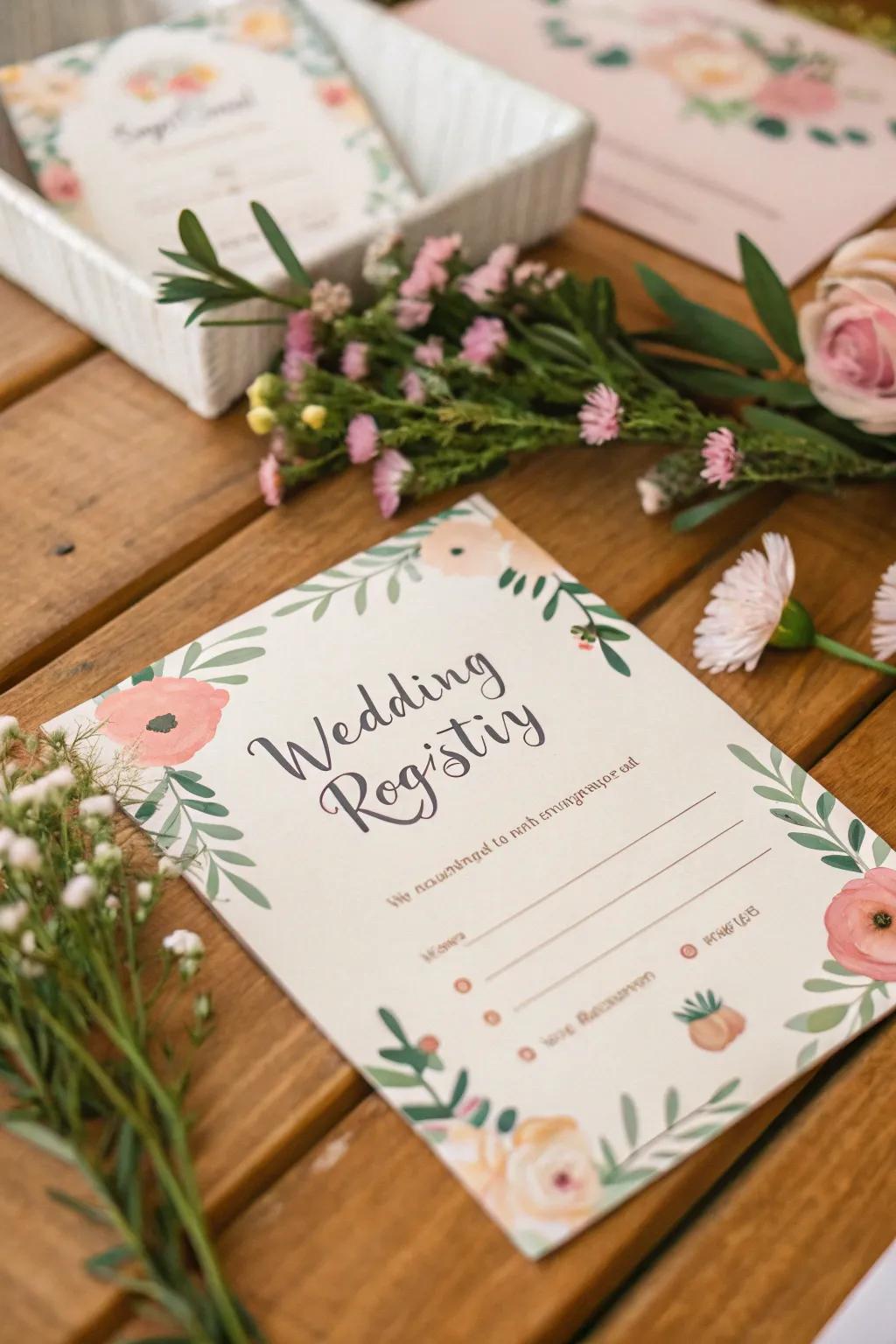 A registry card decorated with delicate floral elements.