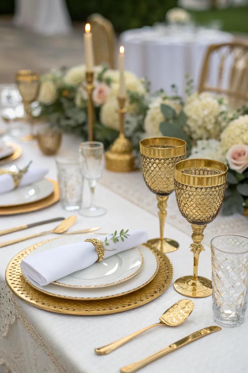 Gilded highlights add a luxurious touch to wedding table settings.
