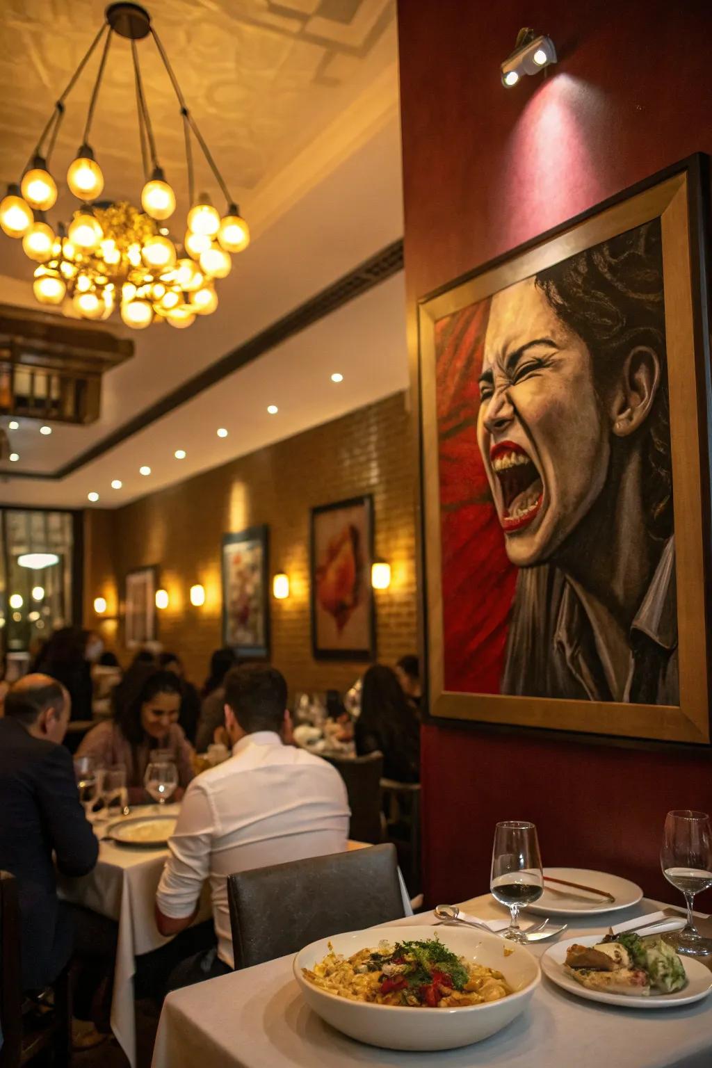 A face conveying exaggerated emotions, injecting persona into a lively culinary space.
