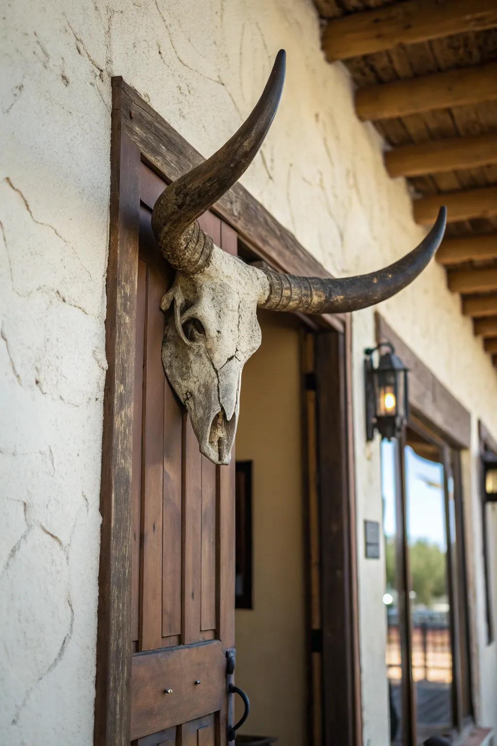 Bovine horn mount elegantly showcased above a doorway.