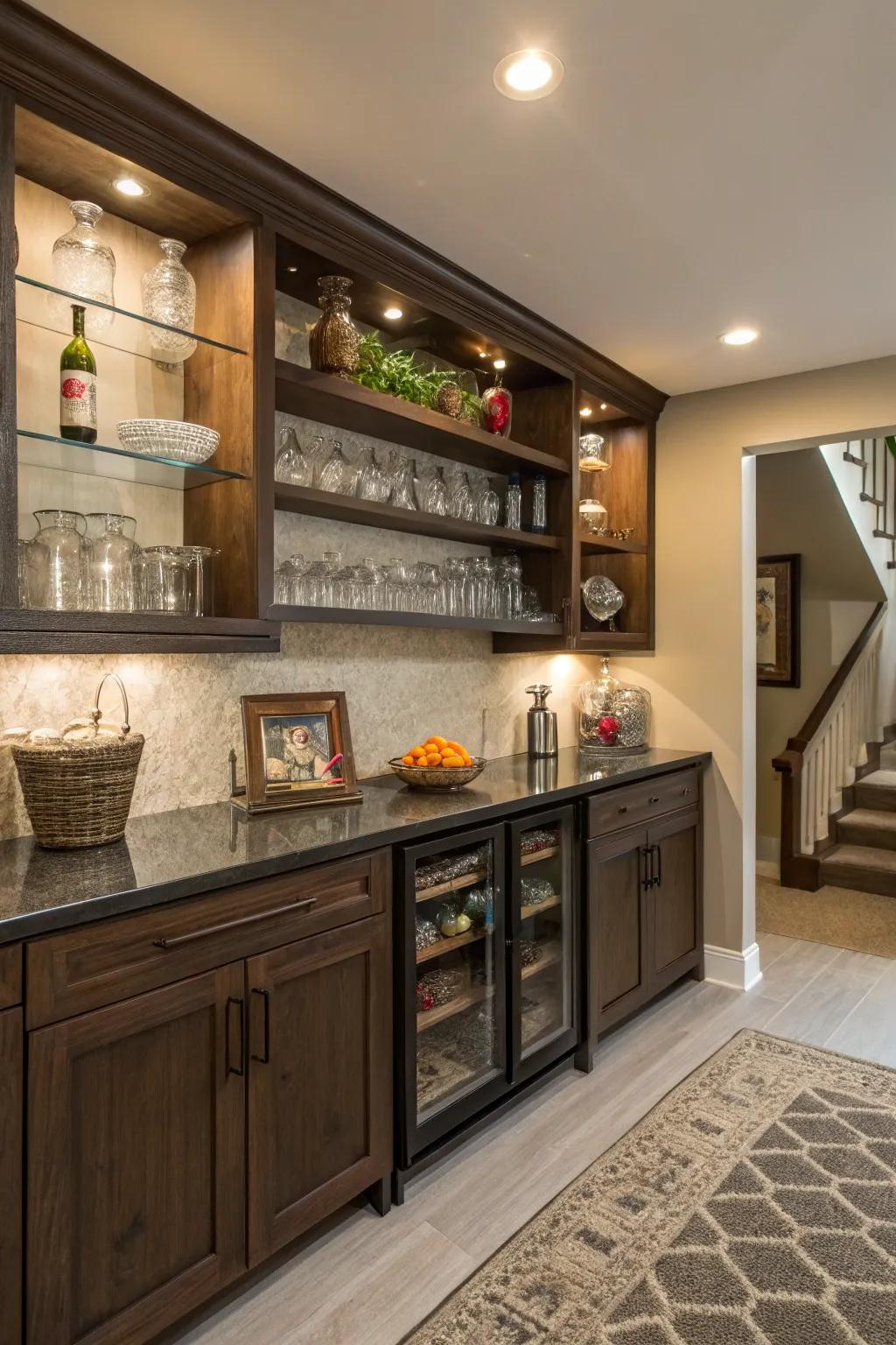 Exposed shelving offers a chance to highlight your cherished glassware and ornaments.