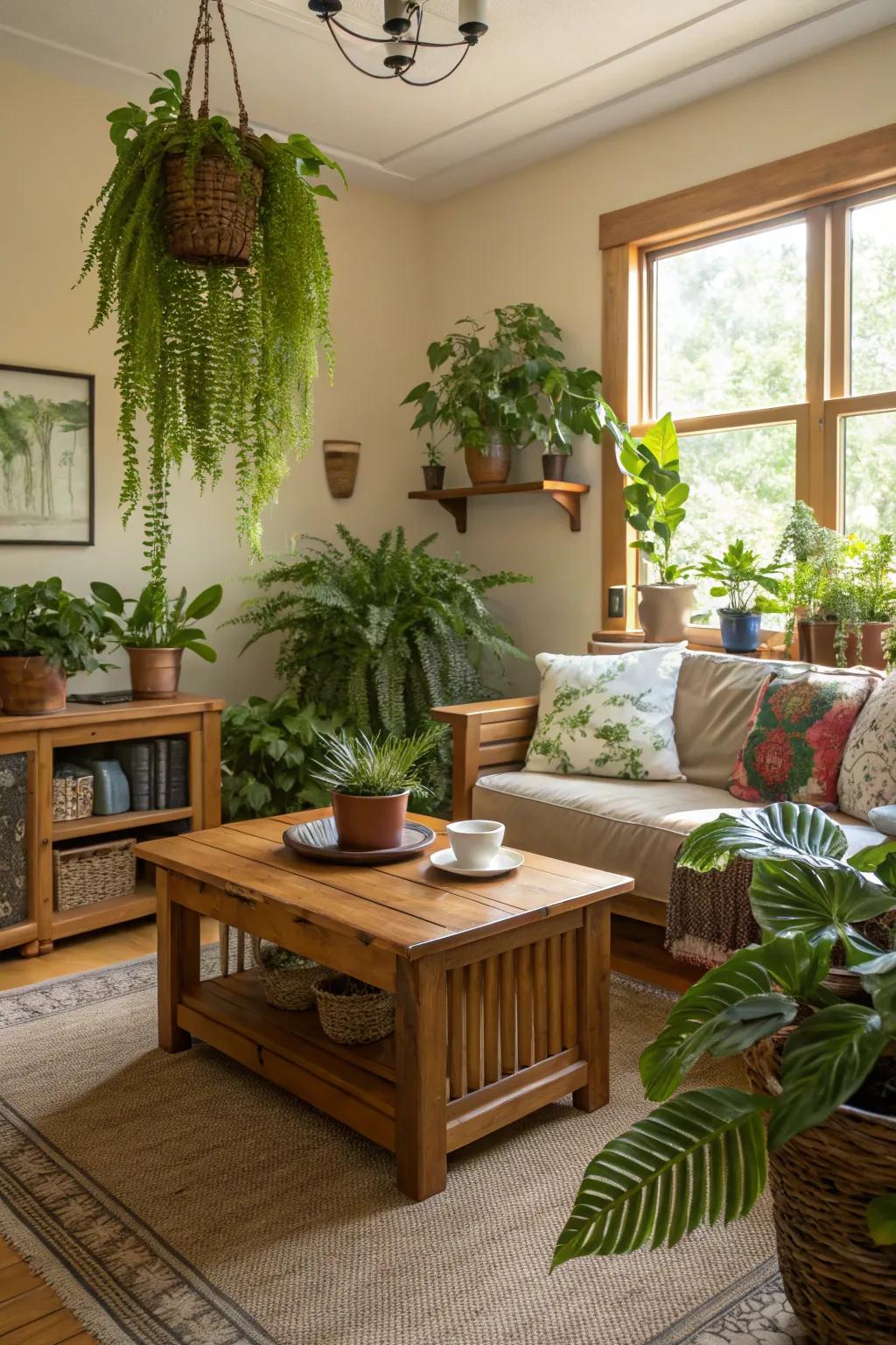 Living space featuring raw components and greenery.