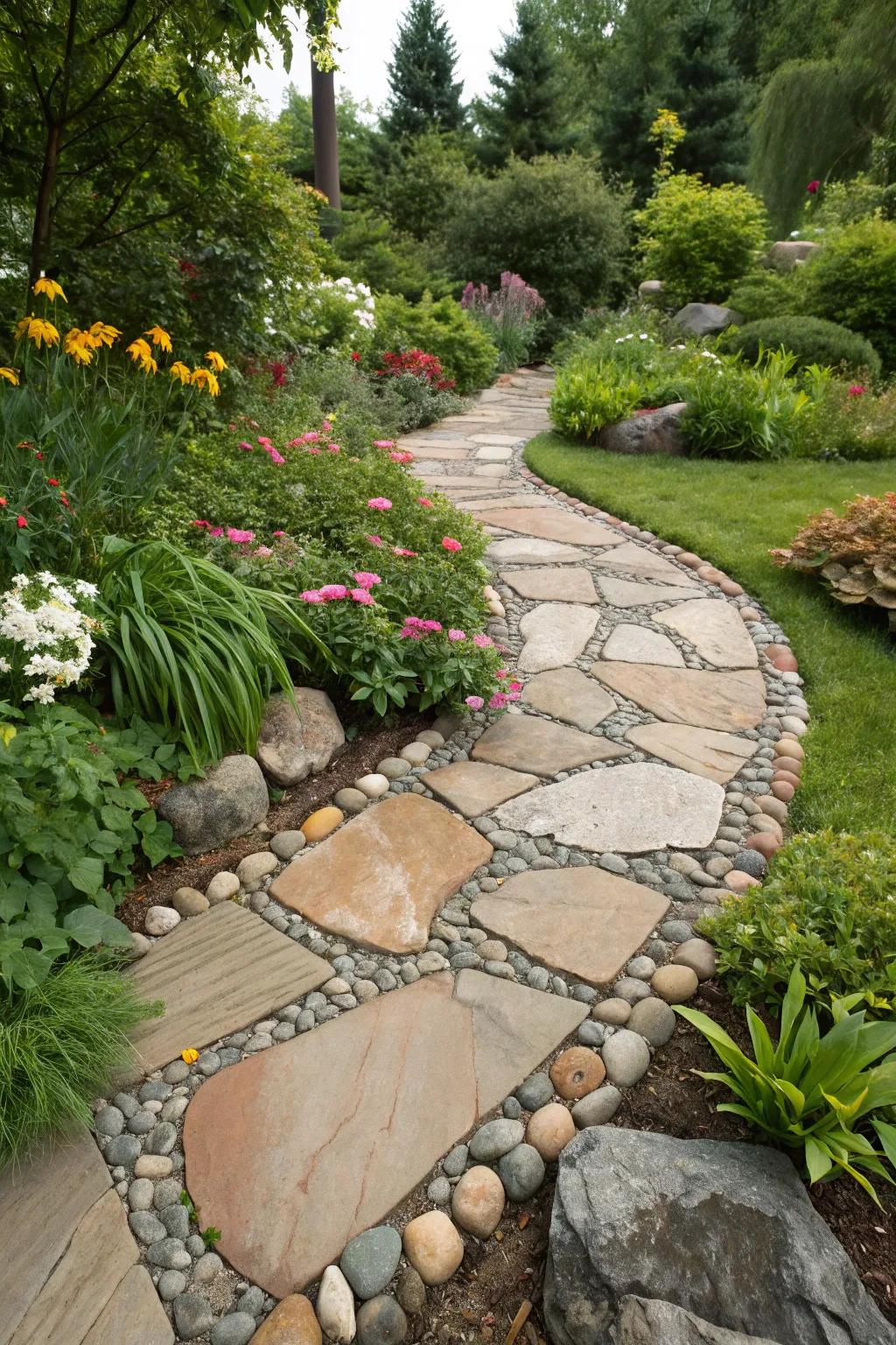 Decorative stones bringing texture and uniqueness to a paver path.
