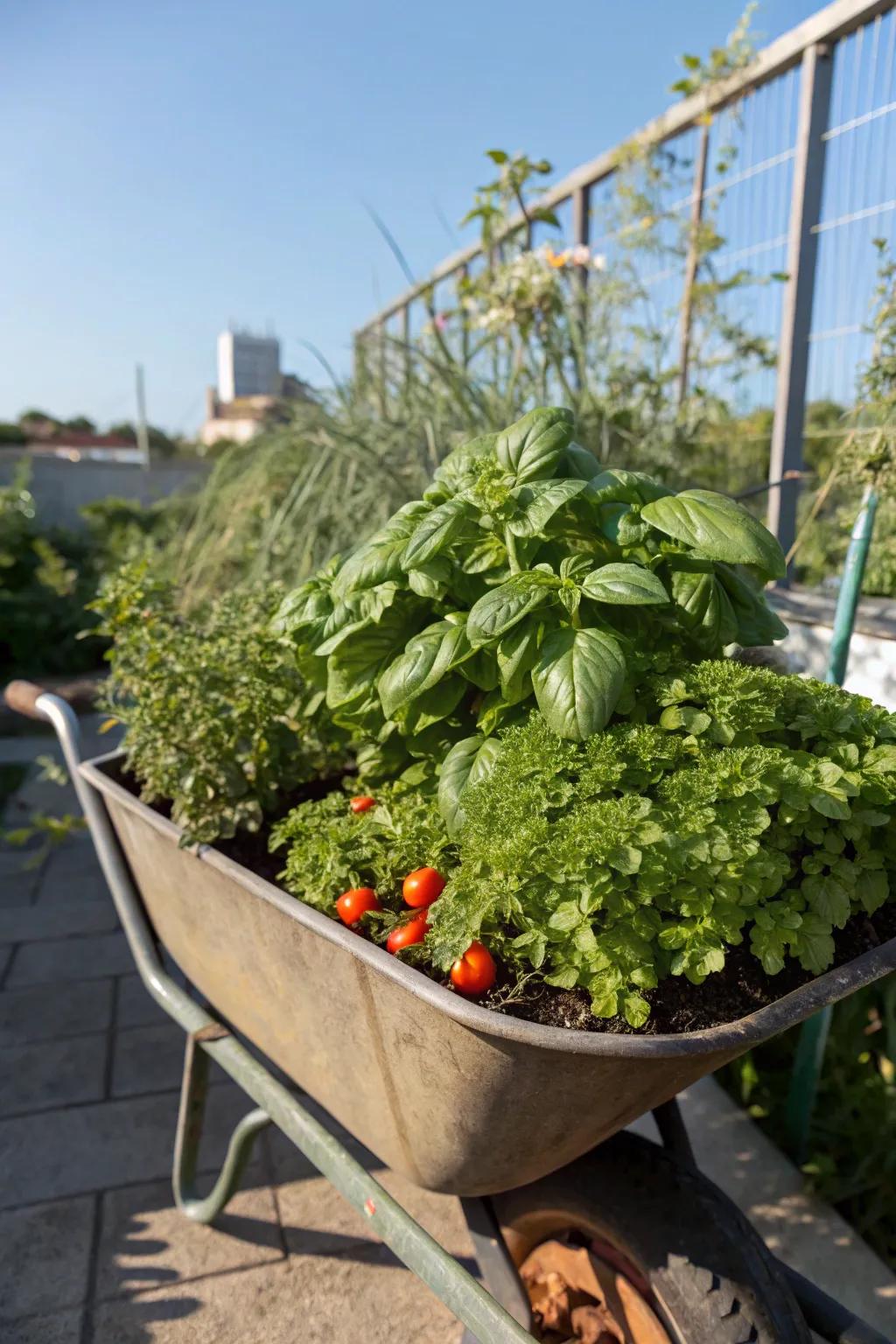 Cultivate your own edibles within a charming wheelbarrow patch.