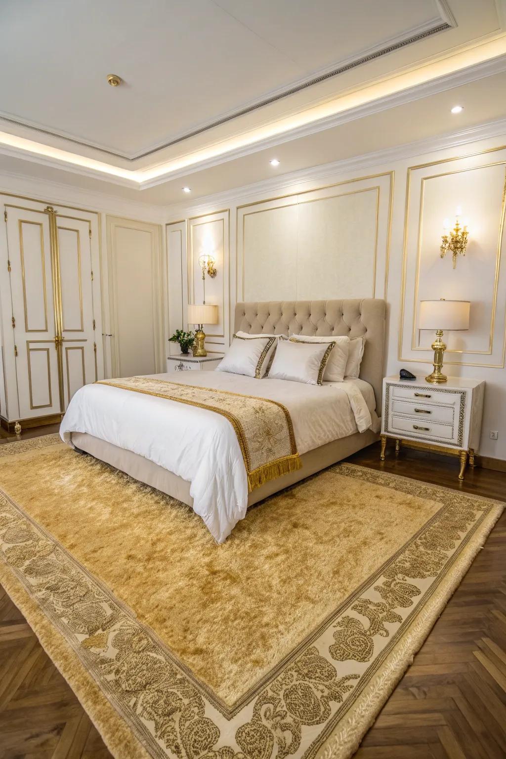 An opulent gold rug adds a sense of grounding and warmth to the space.