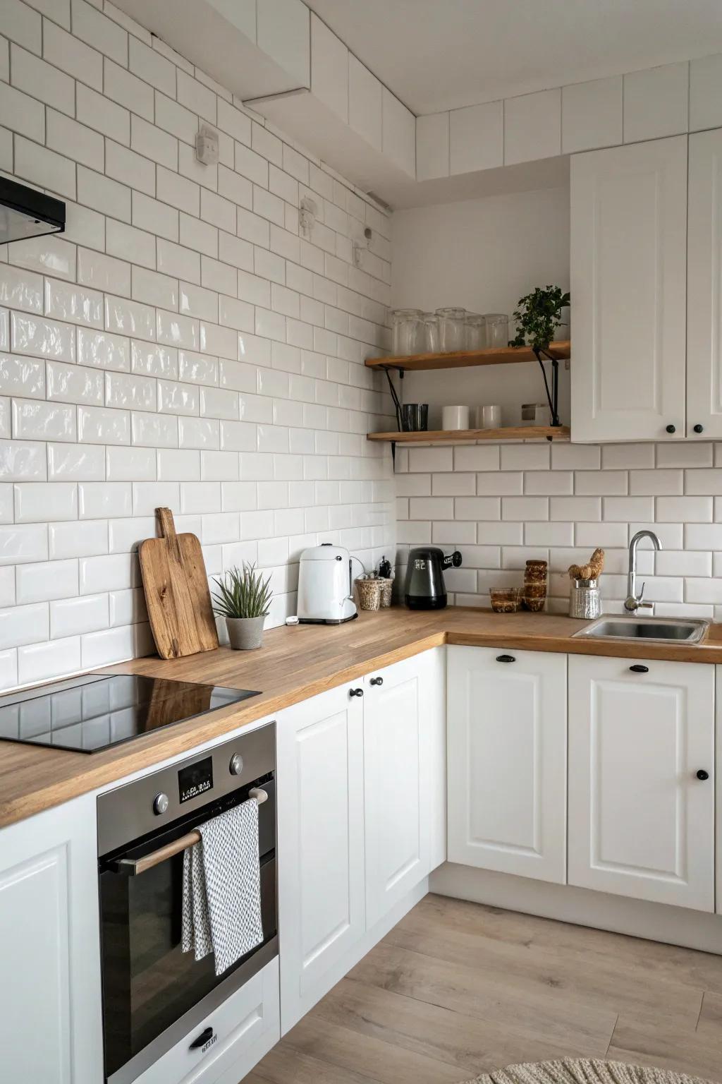 A simple design featuring a pristine white backsplash.