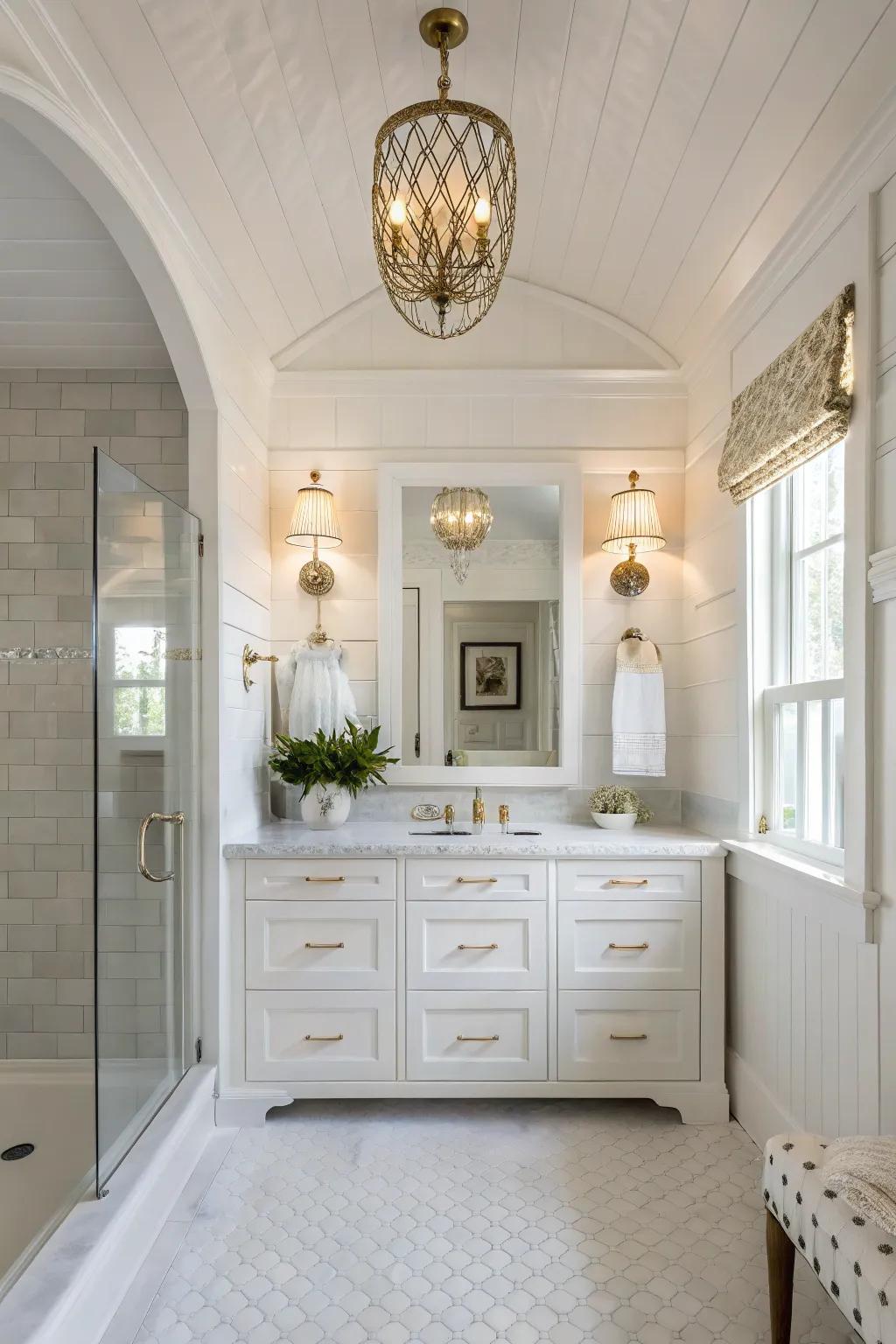 Delicate decorative details heighten the sophistication of this white bathroom.